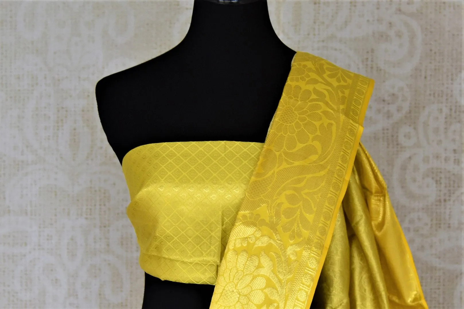 90J218 Cream Golden Zari Kanjivaram Sari with Yellow Zari Border