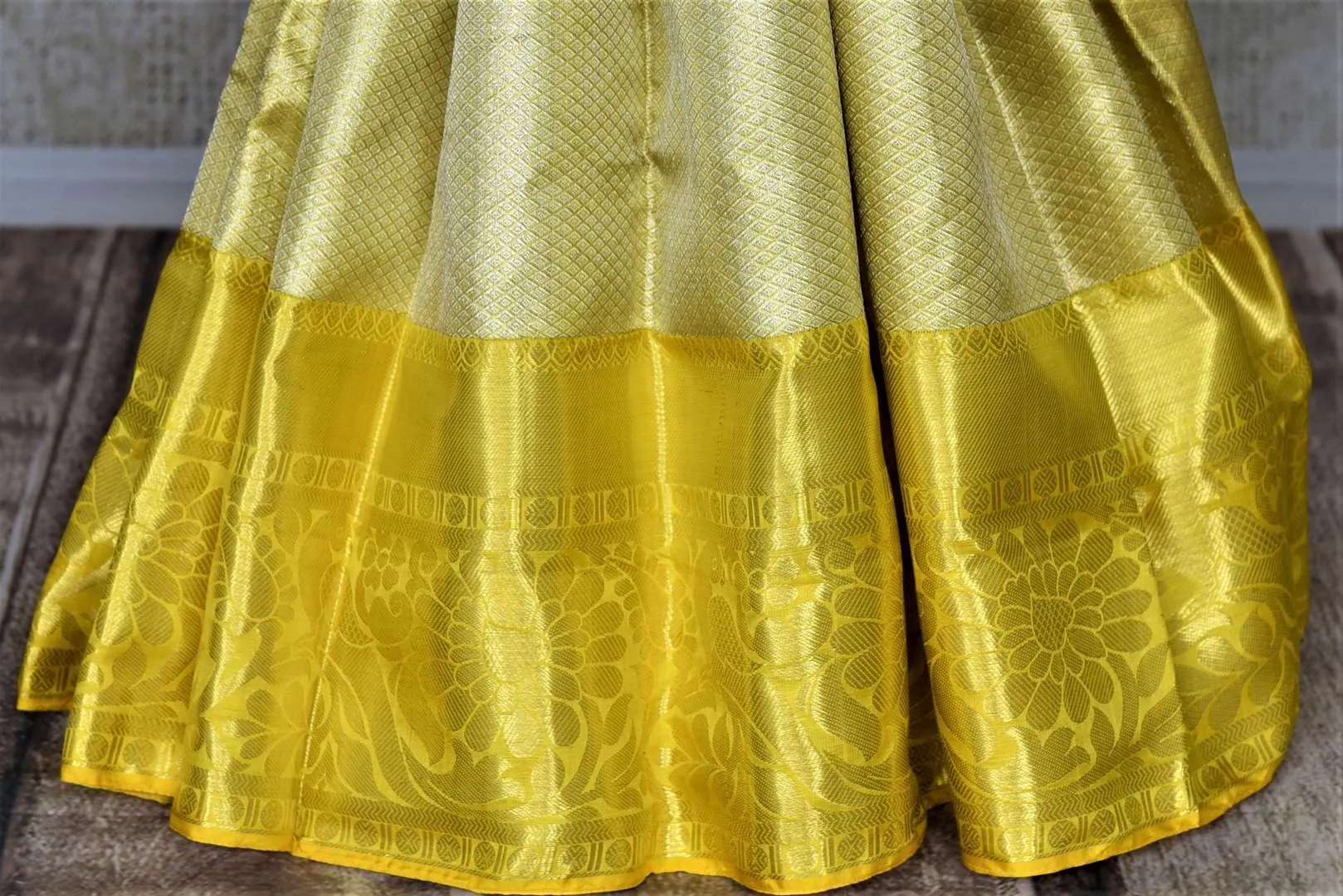 90J218 Cream Golden Zari Kanjivaram Sari with Yellow Zari Border