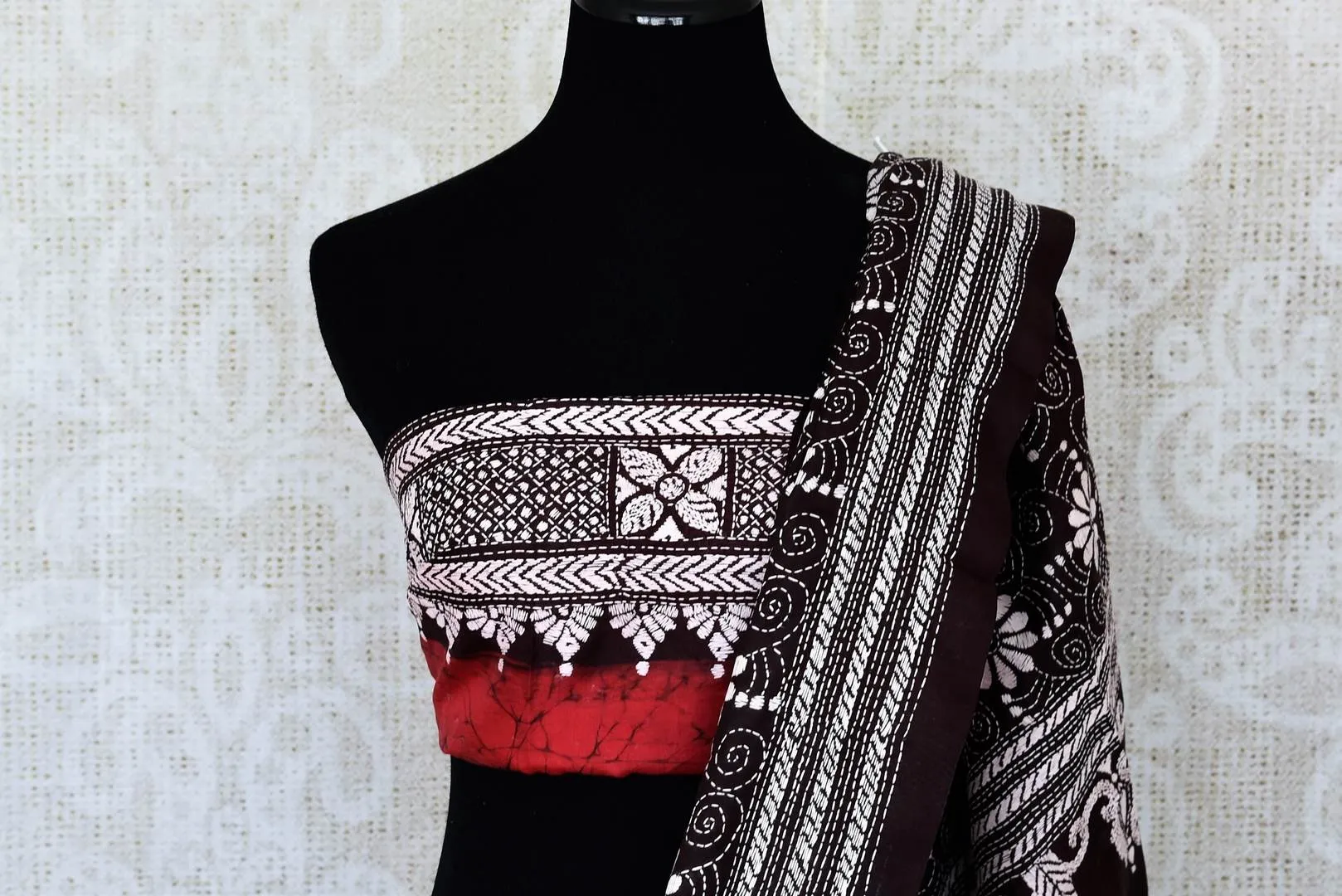 90L272 Red Silk Saree with Black Kantha Work Border