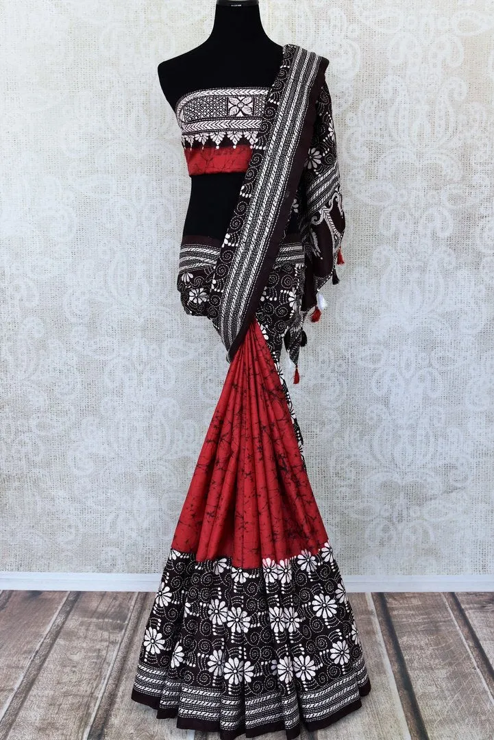 90L272 Red Silk Saree with Black Kantha Work Border