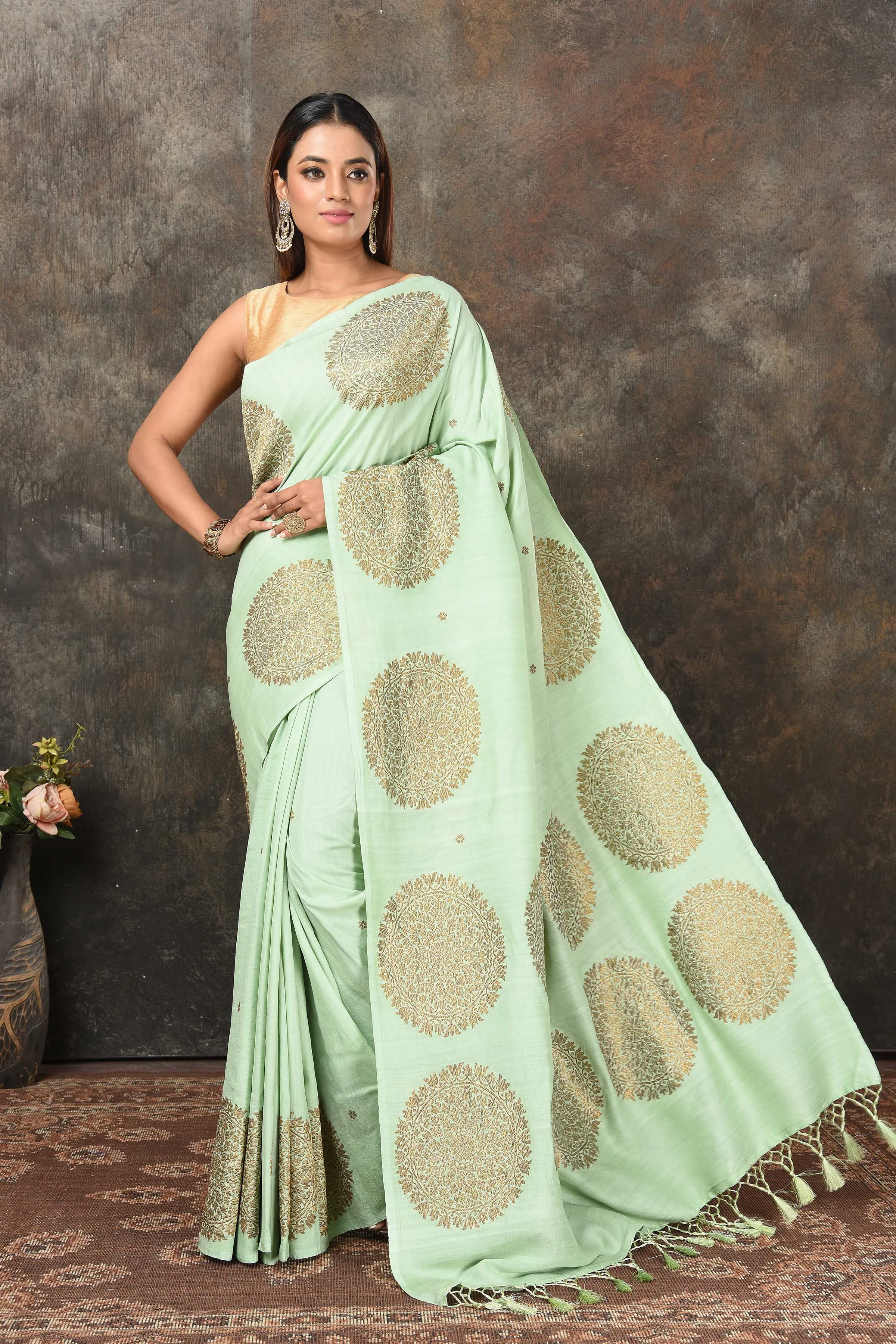 90N483-RO Mint Green Banarasi Sari with Antique Zari Motifs