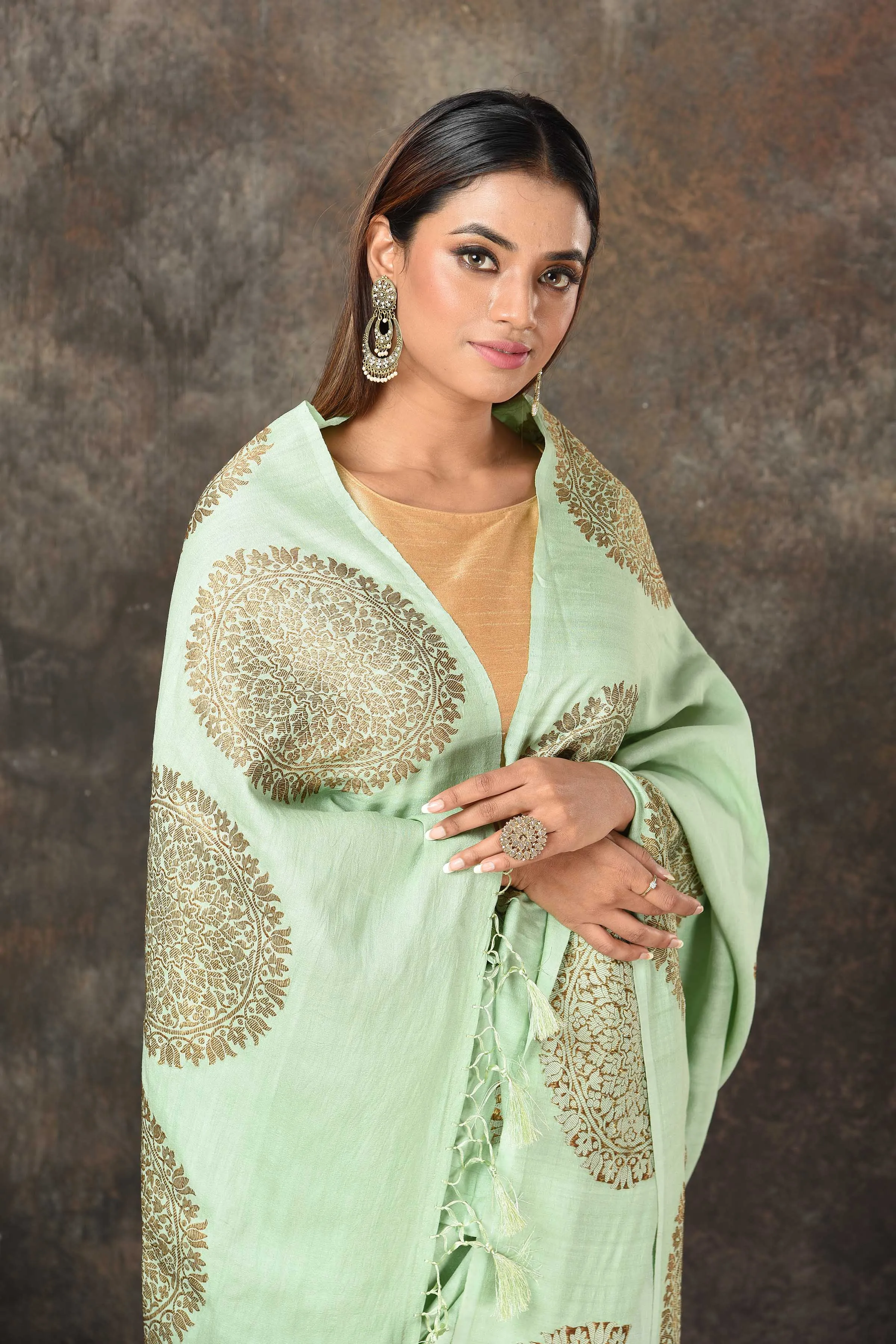 90N483-RO Mint Green Banarasi Sari with Antique Zari Motifs