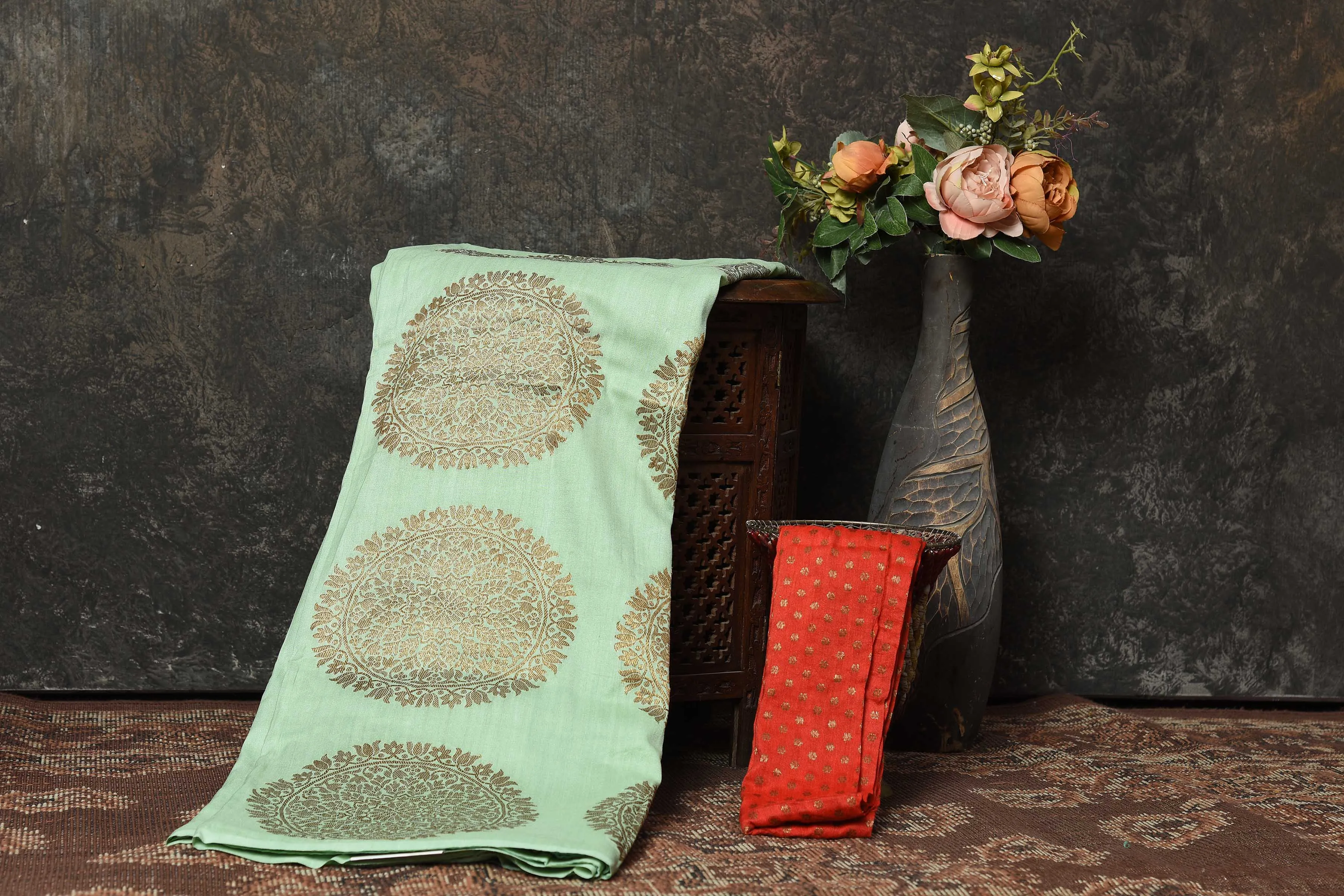 90N483-RO Mint Green Banarasi Sari with Antique Zari Motifs