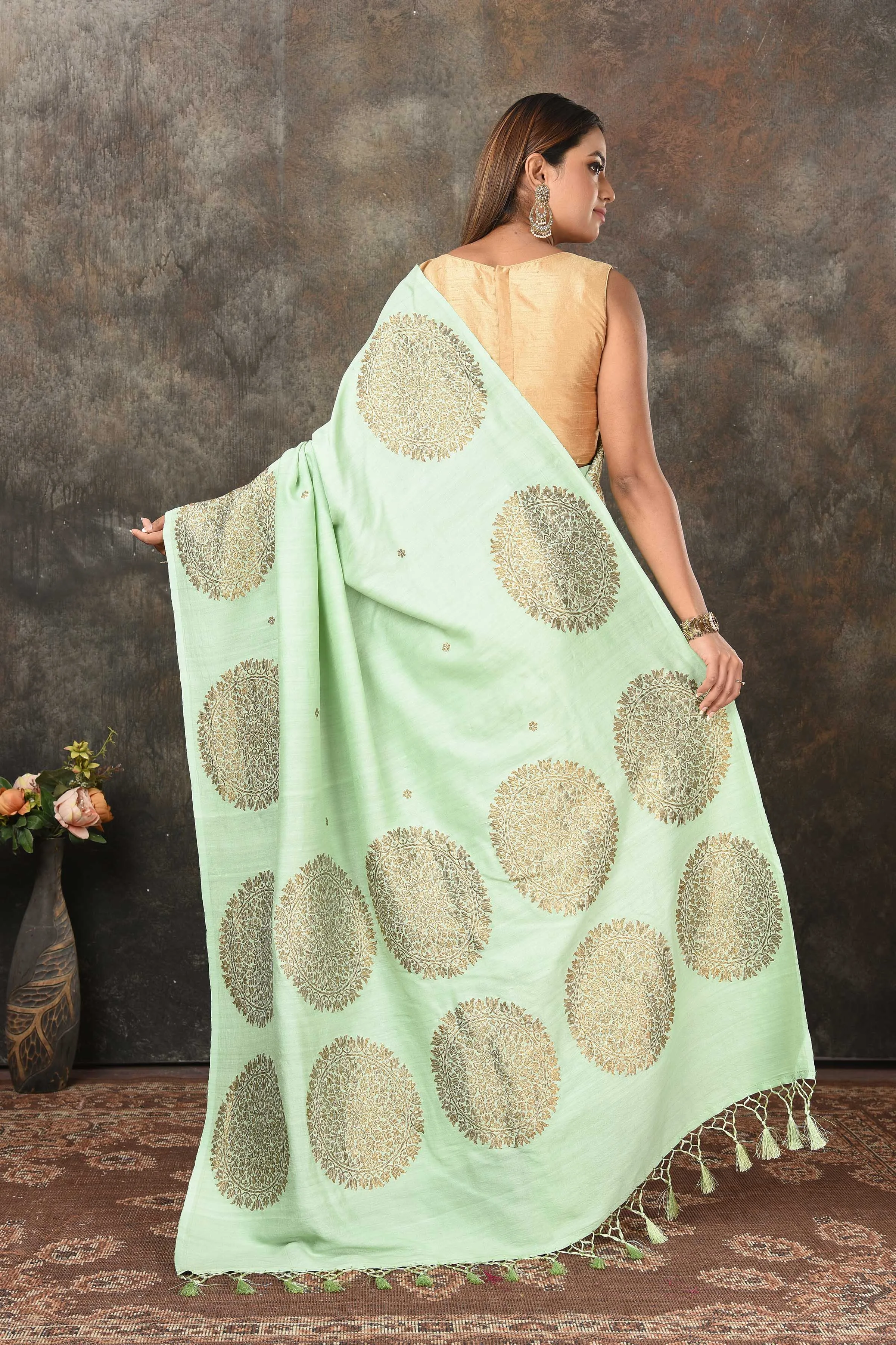 90N483-RO Mint Green Banarasi Sari with Antique Zari Motifs