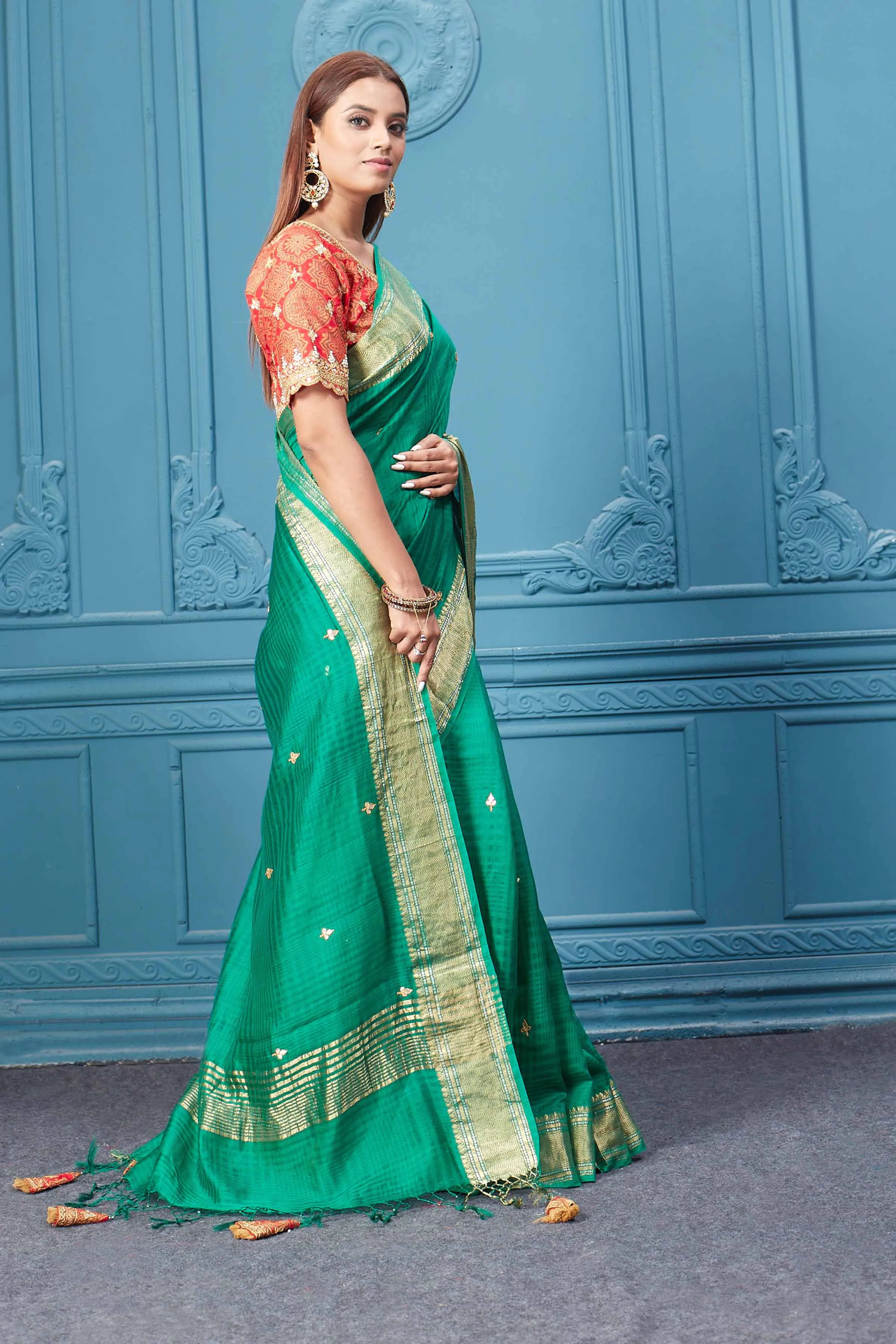 91A068 Green Tissue Silk Saree with Red Embroidered Blouse