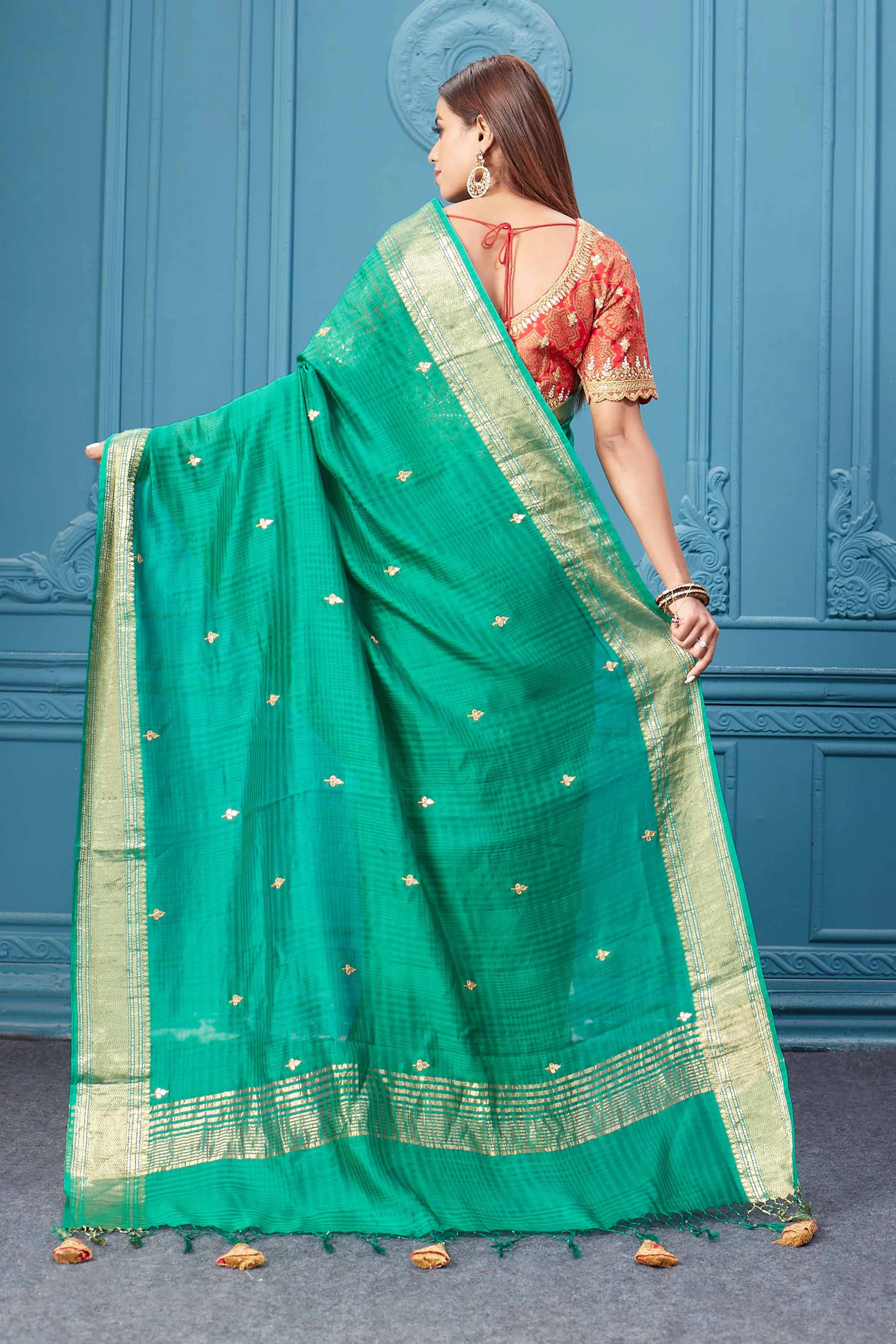 91A068 Green Tissue Silk Saree with Red Embroidered Blouse