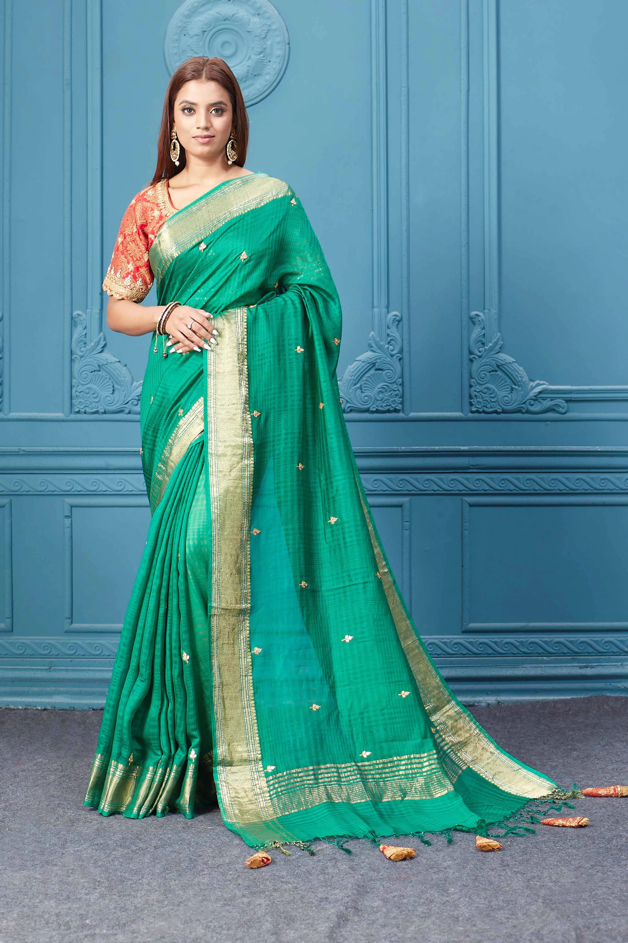 91A068 Green Tissue Silk Saree with Red Embroidered Blouse