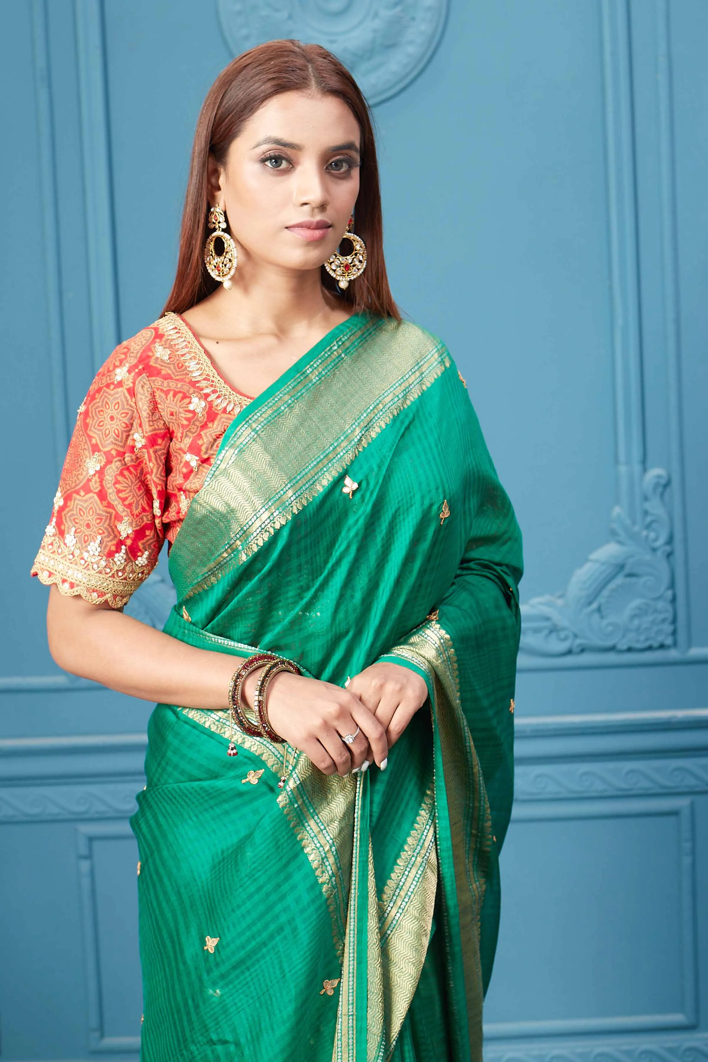 91A068 Green Tissue Silk Saree with Red Embroidered Blouse