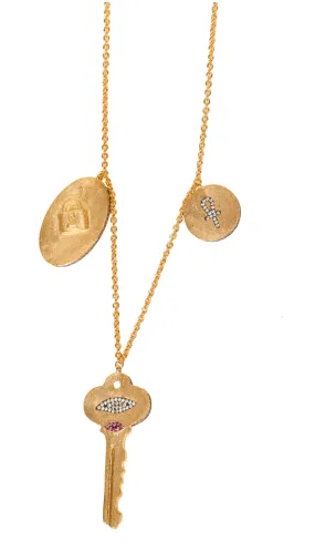 AMMANII Pavé Lock, Key, And Ankh Charm Necklace in Vermeil Gold