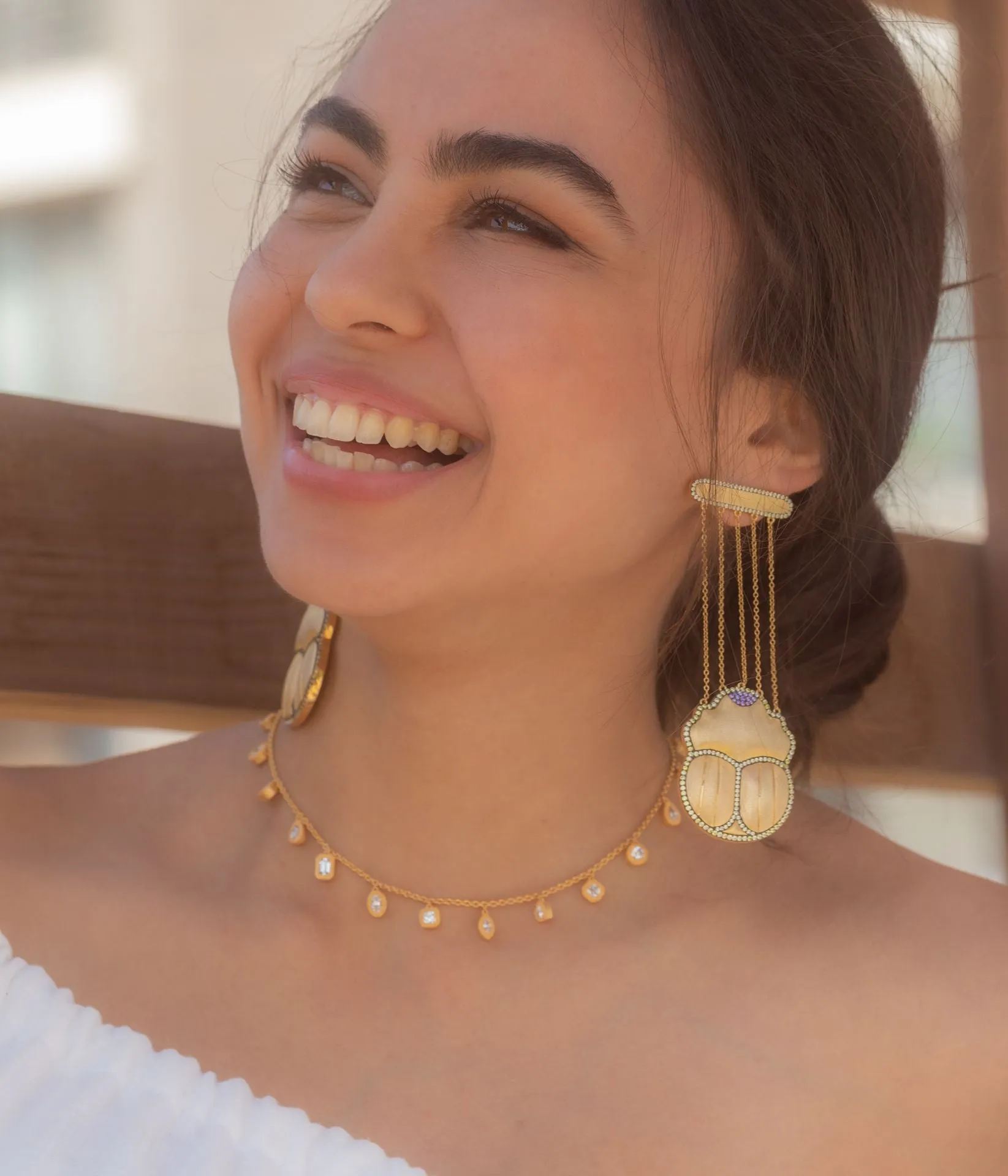 AMMANII Scarab Statement Drop Earrings in Vermeil Gold