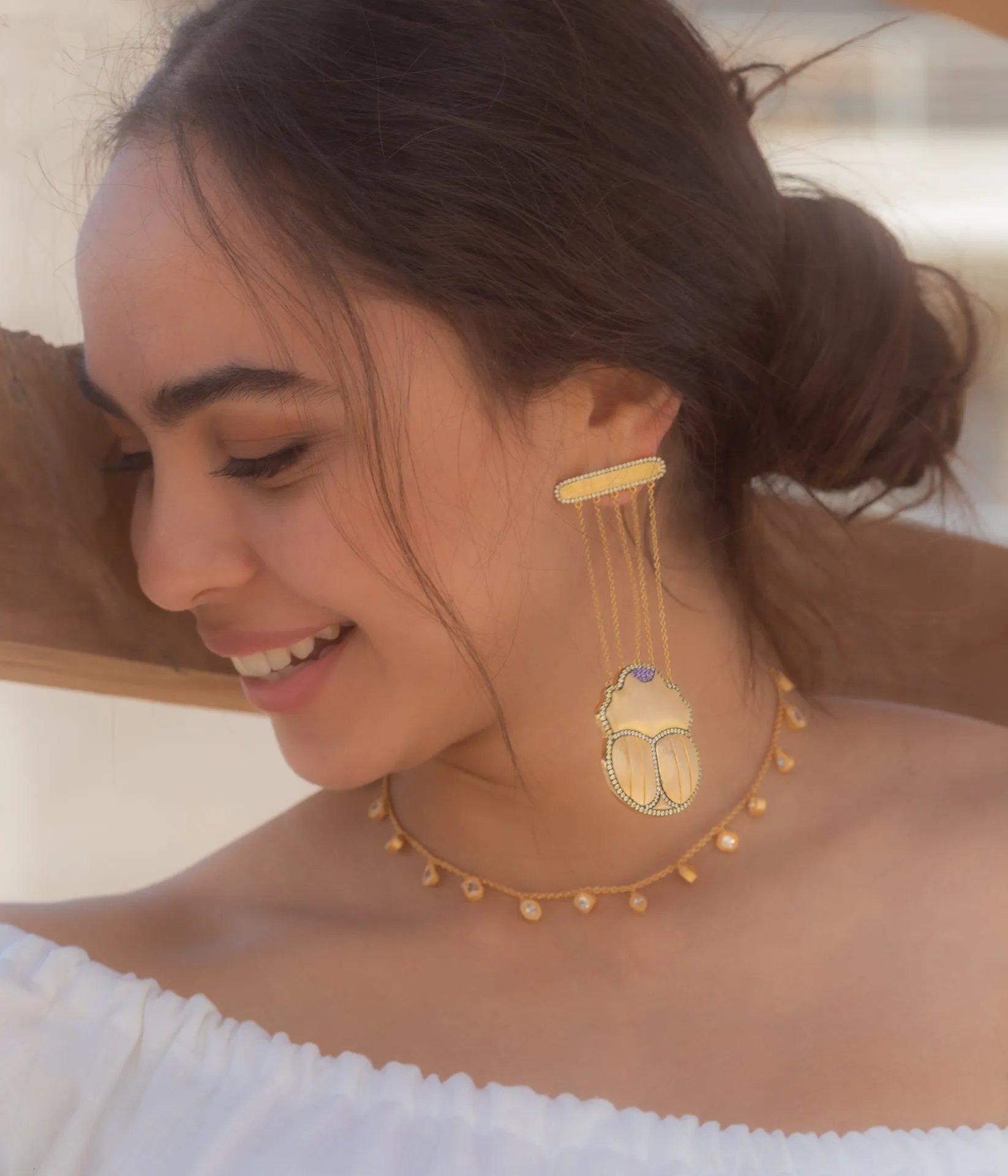 AMMANII Scarab Statement Drop Earrings in Vermeil Gold