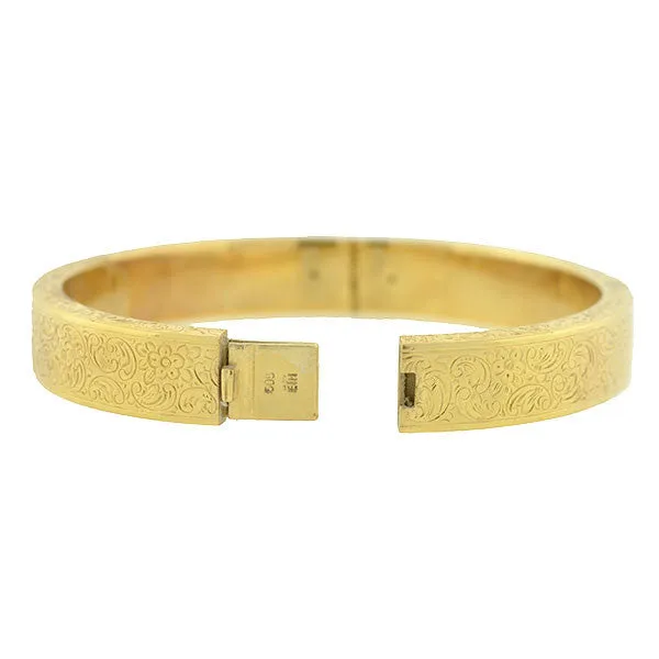 Art Deco 14kt Etched Gold Hinged Bangle Bracelet