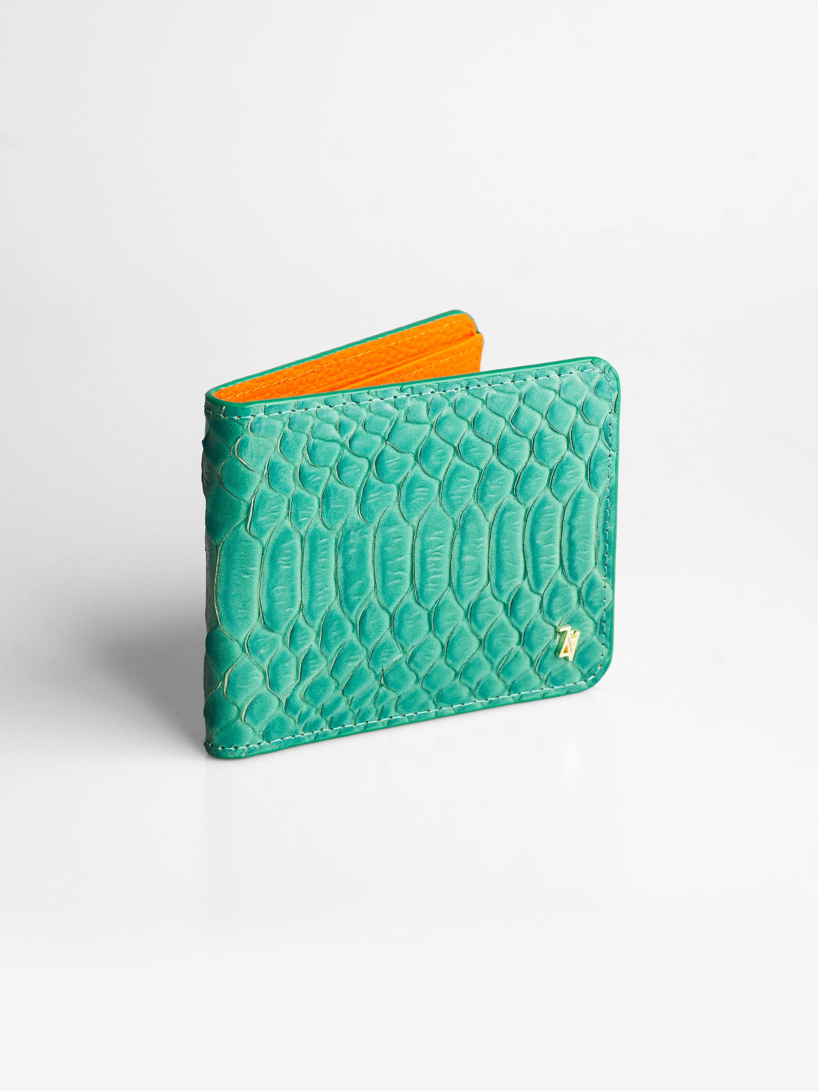 Artemis Python Wallet - Jade Green and Orange Leather