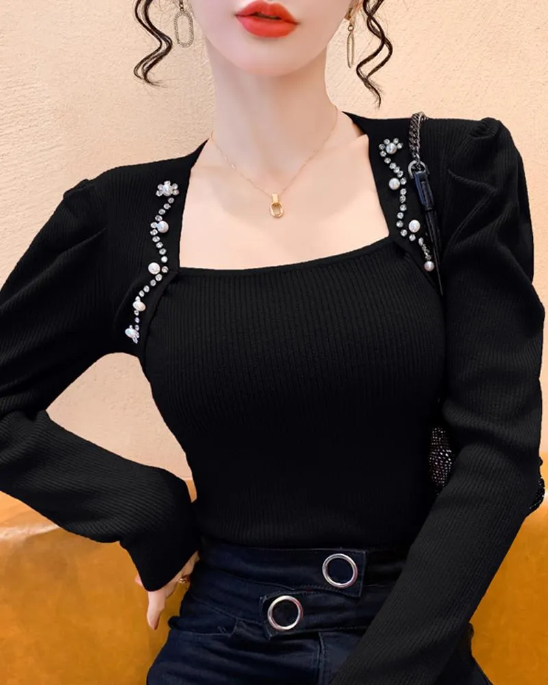 Asymmetrical Neck Rhinestone Knit Sweater