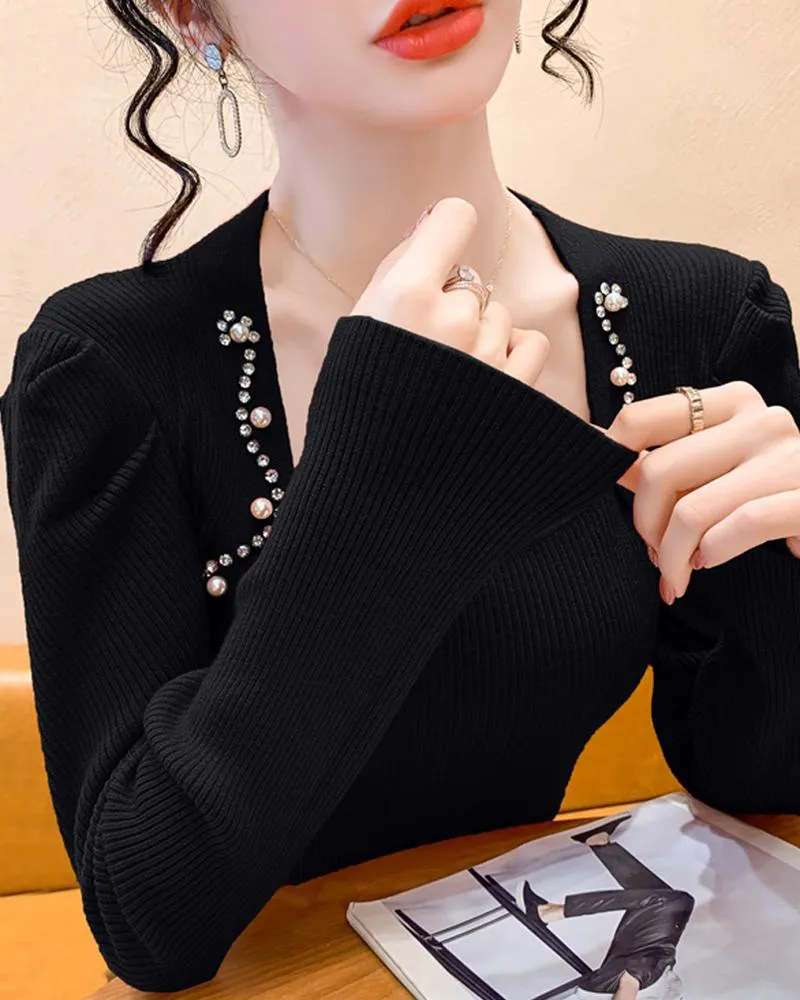 Asymmetrical Neck Rhinestone Knit Sweater