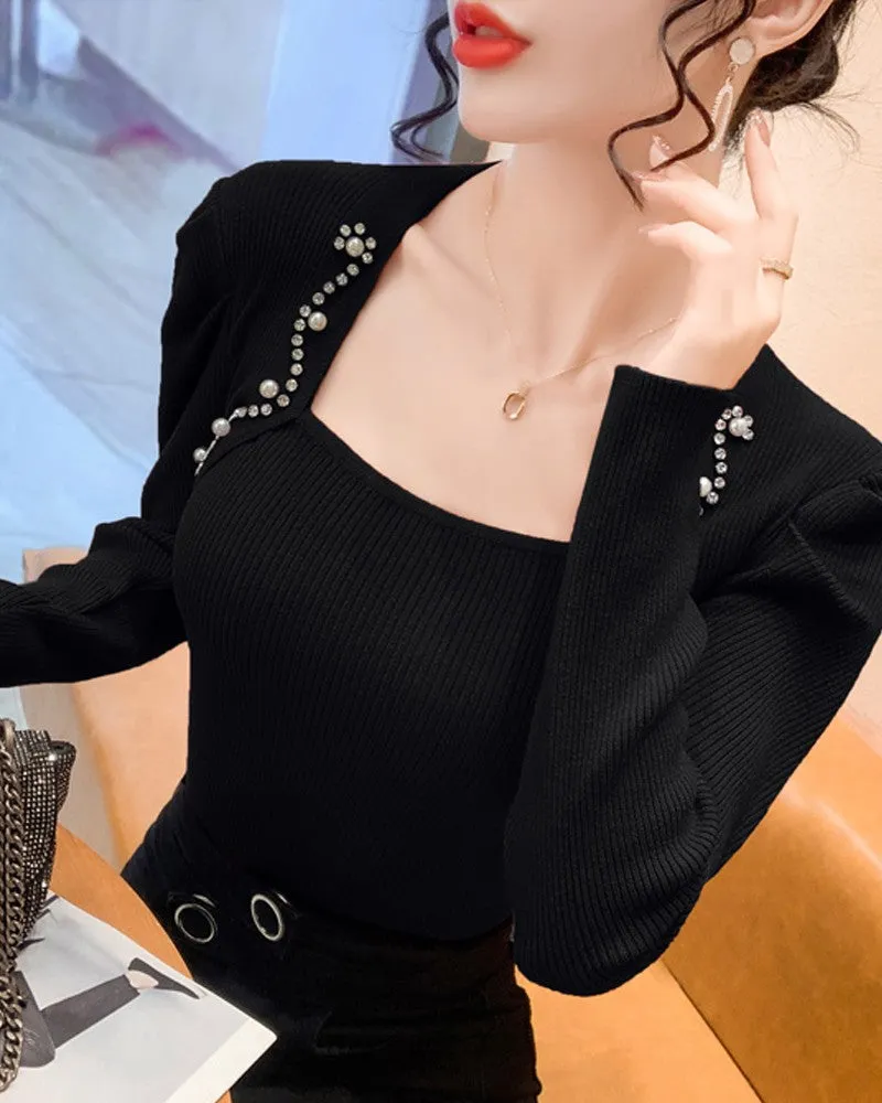 Asymmetrical Neck Rhinestone Knit Sweater