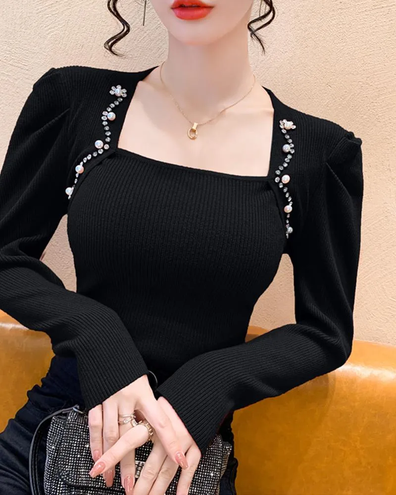 Asymmetrical Neck Rhinestone Knit Sweater