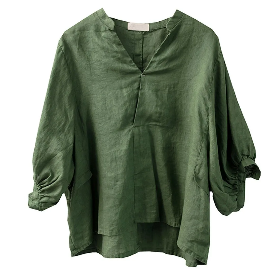 Babakud V-Neck Solid Gathered Half Sleeve Linen Blouse