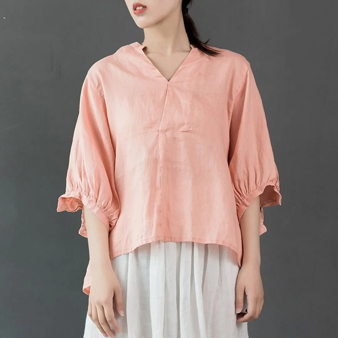 Babakud V-Neck Solid Gathered Half Sleeve Linen Blouse