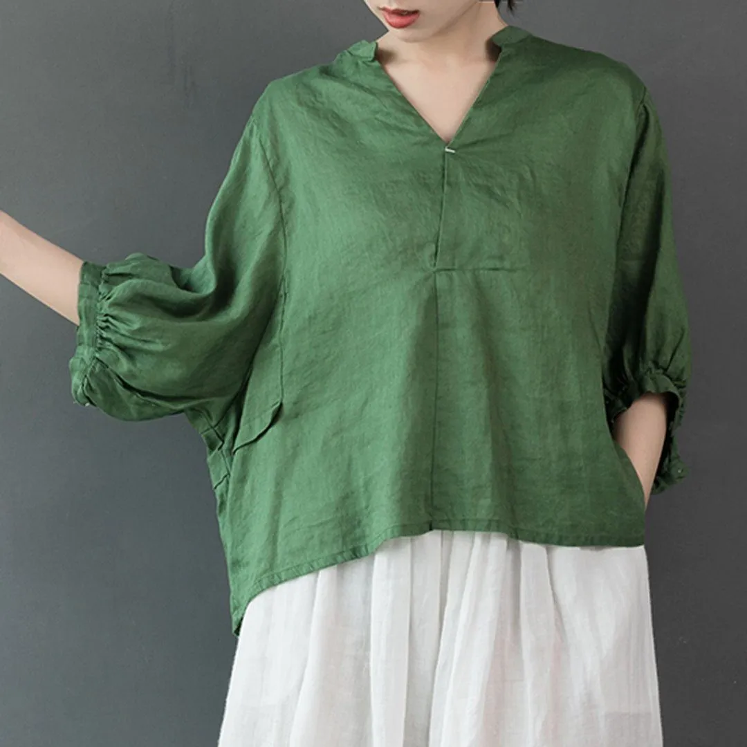 Babakud V-Neck Solid Gathered Half Sleeve Linen Blouse