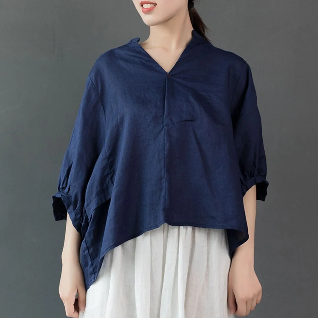 Babakud V-Neck Solid Gathered Half Sleeve Linen Blouse