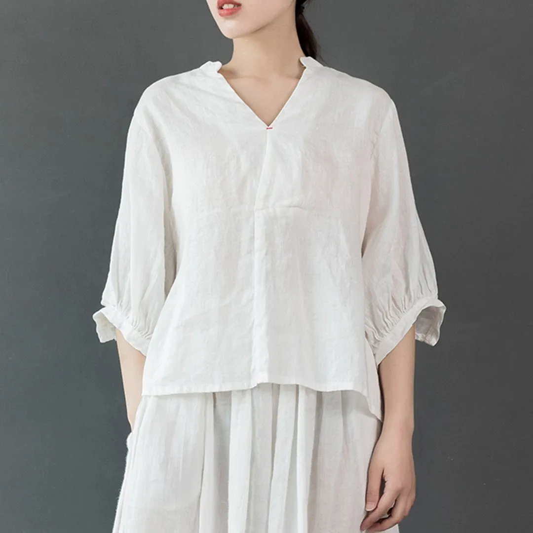 Babakud V-Neck Solid Gathered Half Sleeve Linen Blouse