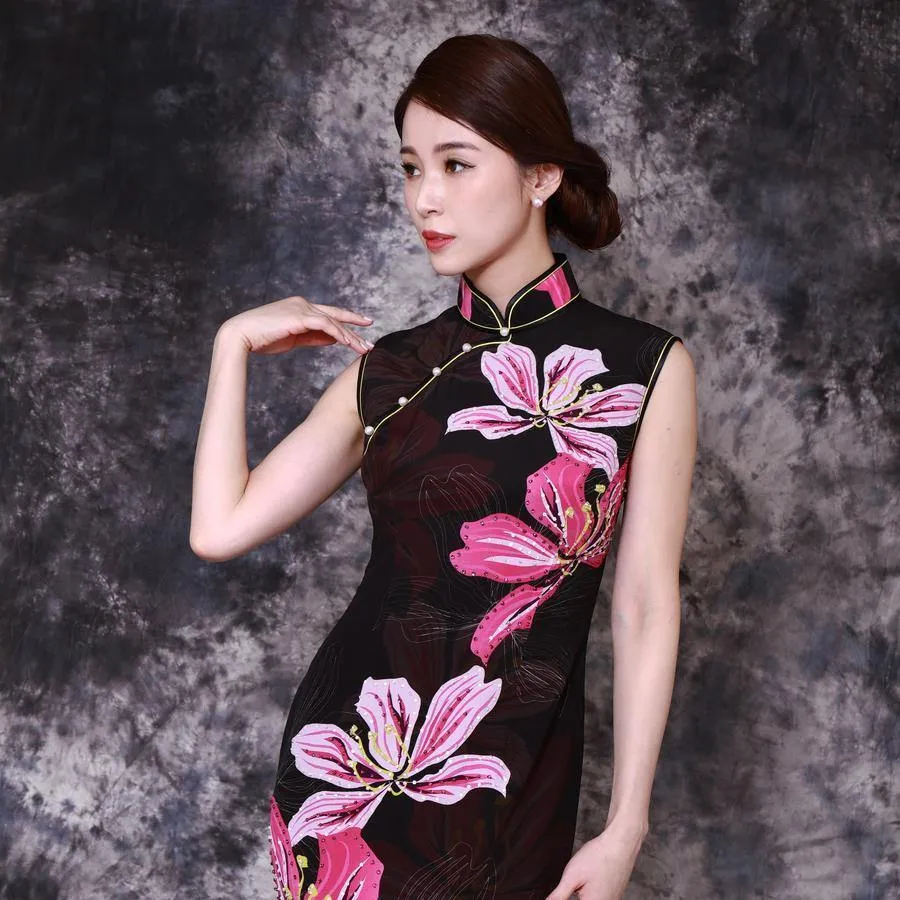 【BAUHINIA】 100% Silk Crystal Cheongsam (Cap Sleeve)