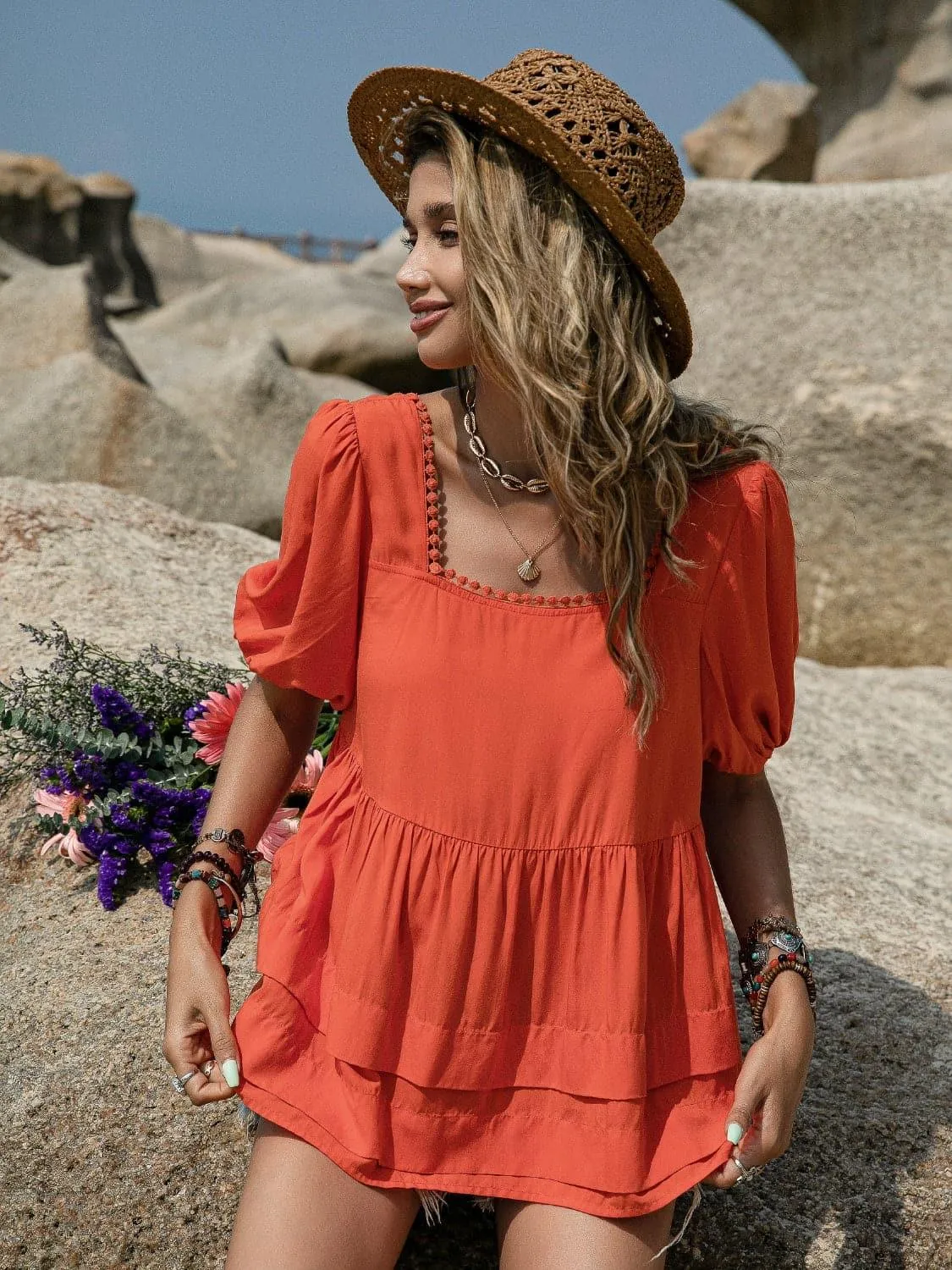 Beach Bound Peplum Square Neck Short Sleeve Blouse