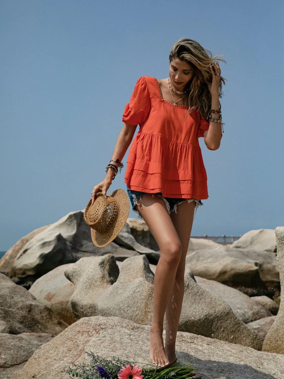 Beach Bound Peplum Square Neck Short Sleeve Blouse