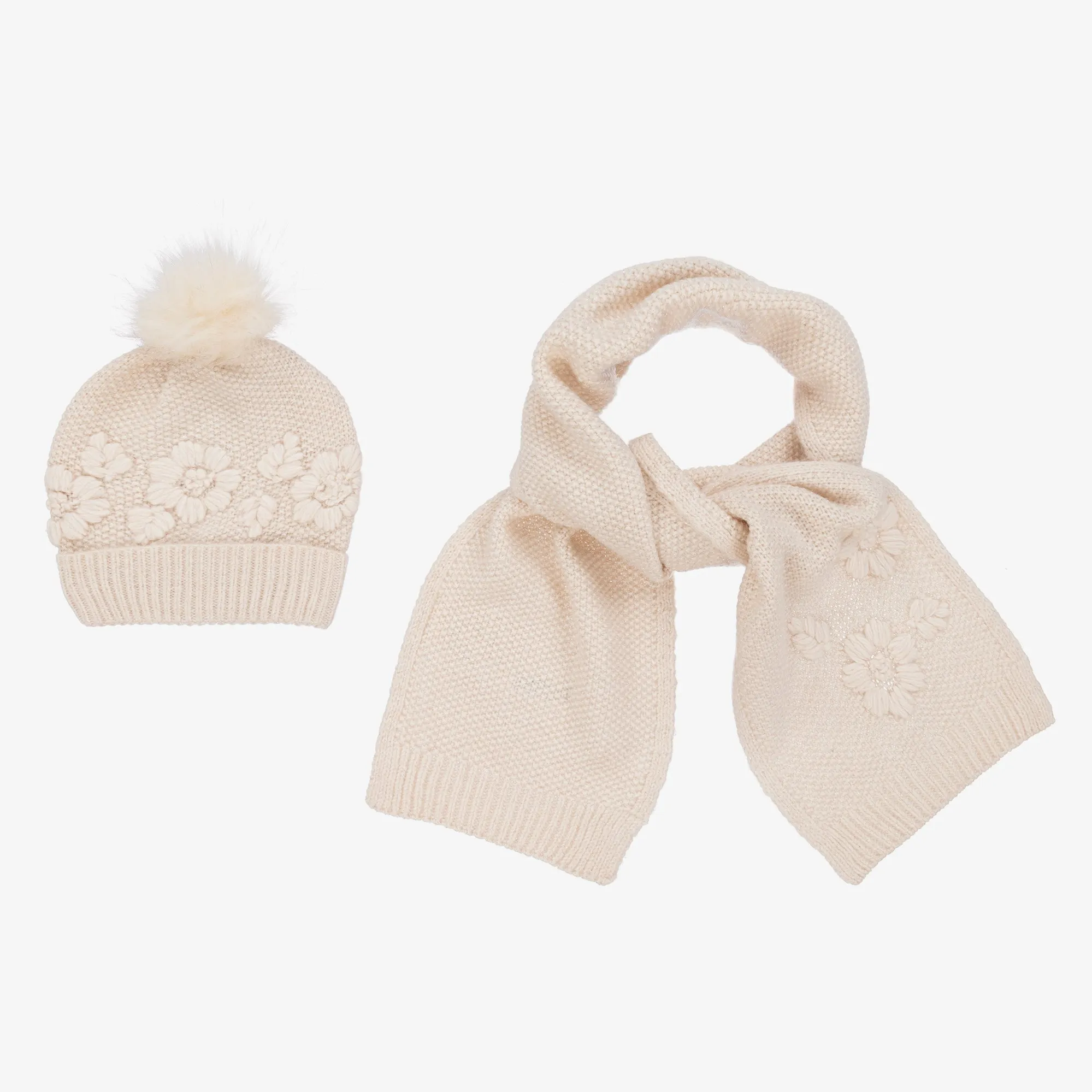 Beige Floral Knit Hat & Scarf