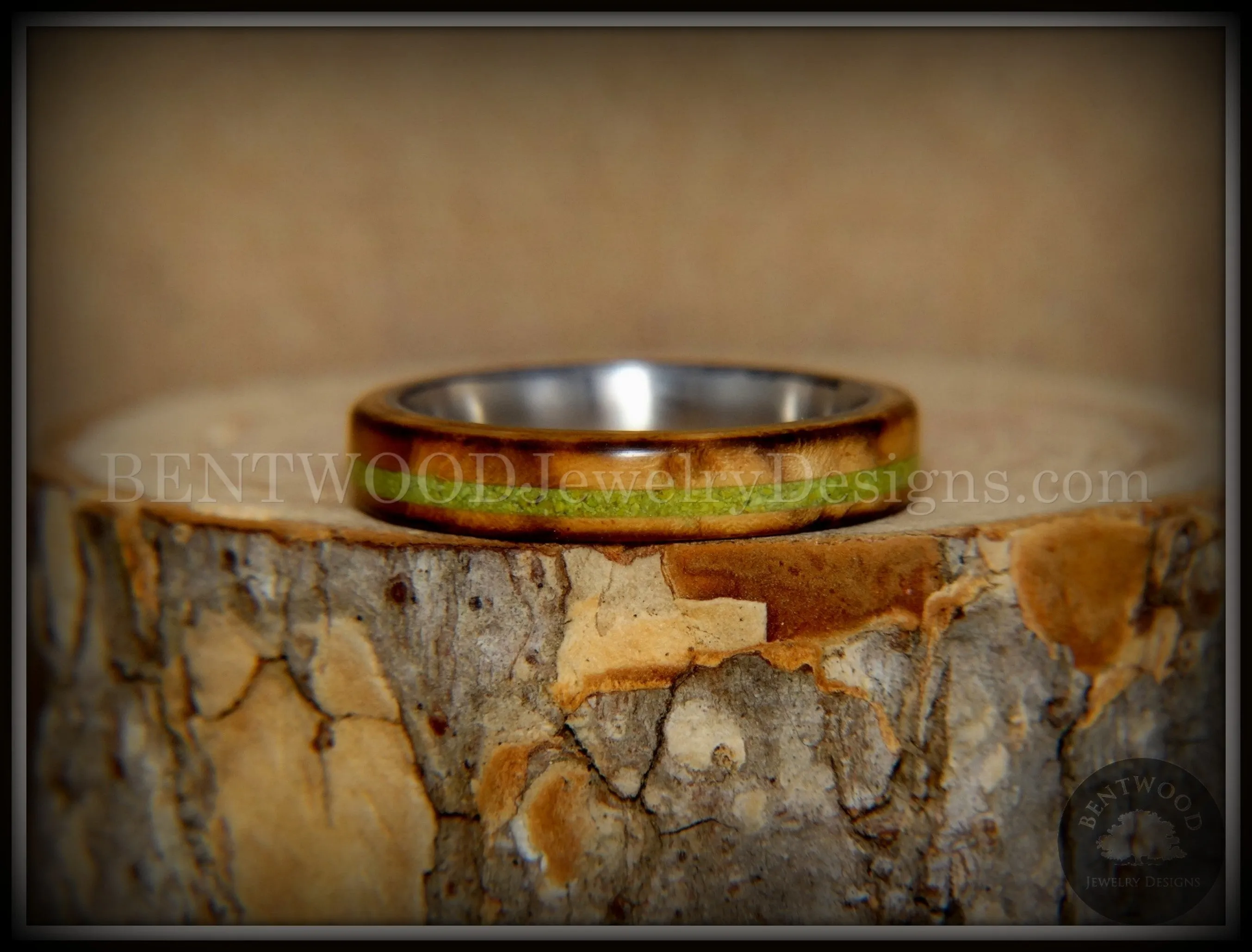 Bentwood Ring - Inlaid Ole Smoky Olive Wood Ring with Green Apple Turquoise Inlay on Surgical Steel