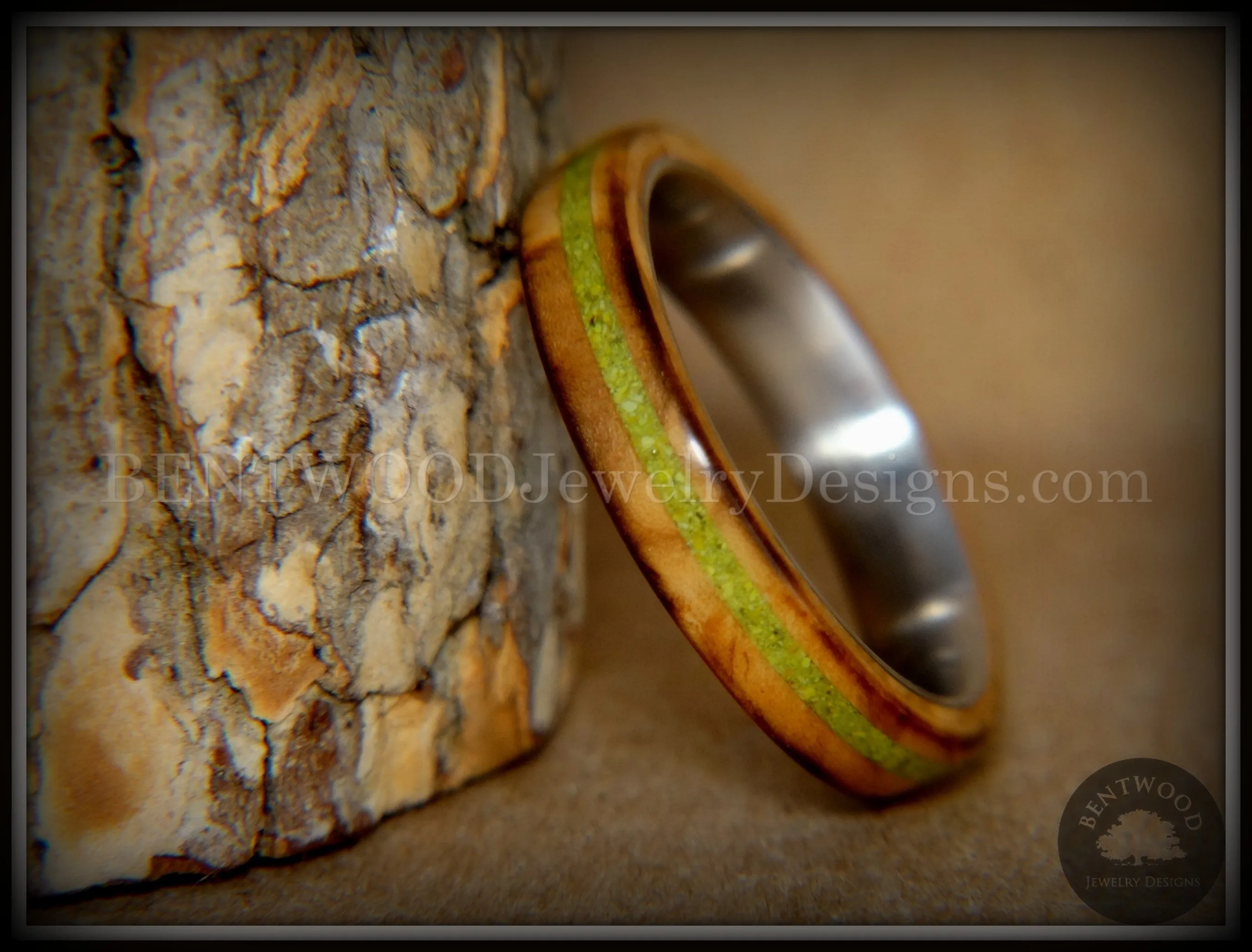 Bentwood Ring - Inlaid Ole Smoky Olive Wood Ring with Green Apple Turquoise Inlay on Surgical Steel