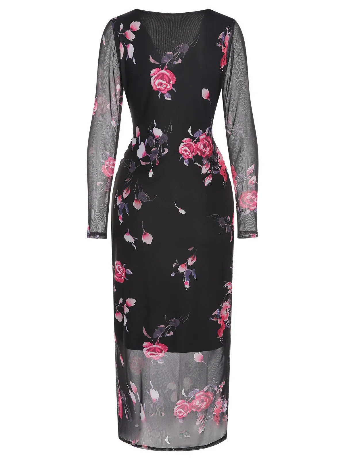 Black 1960s V-Neck Floral Mesh Dress