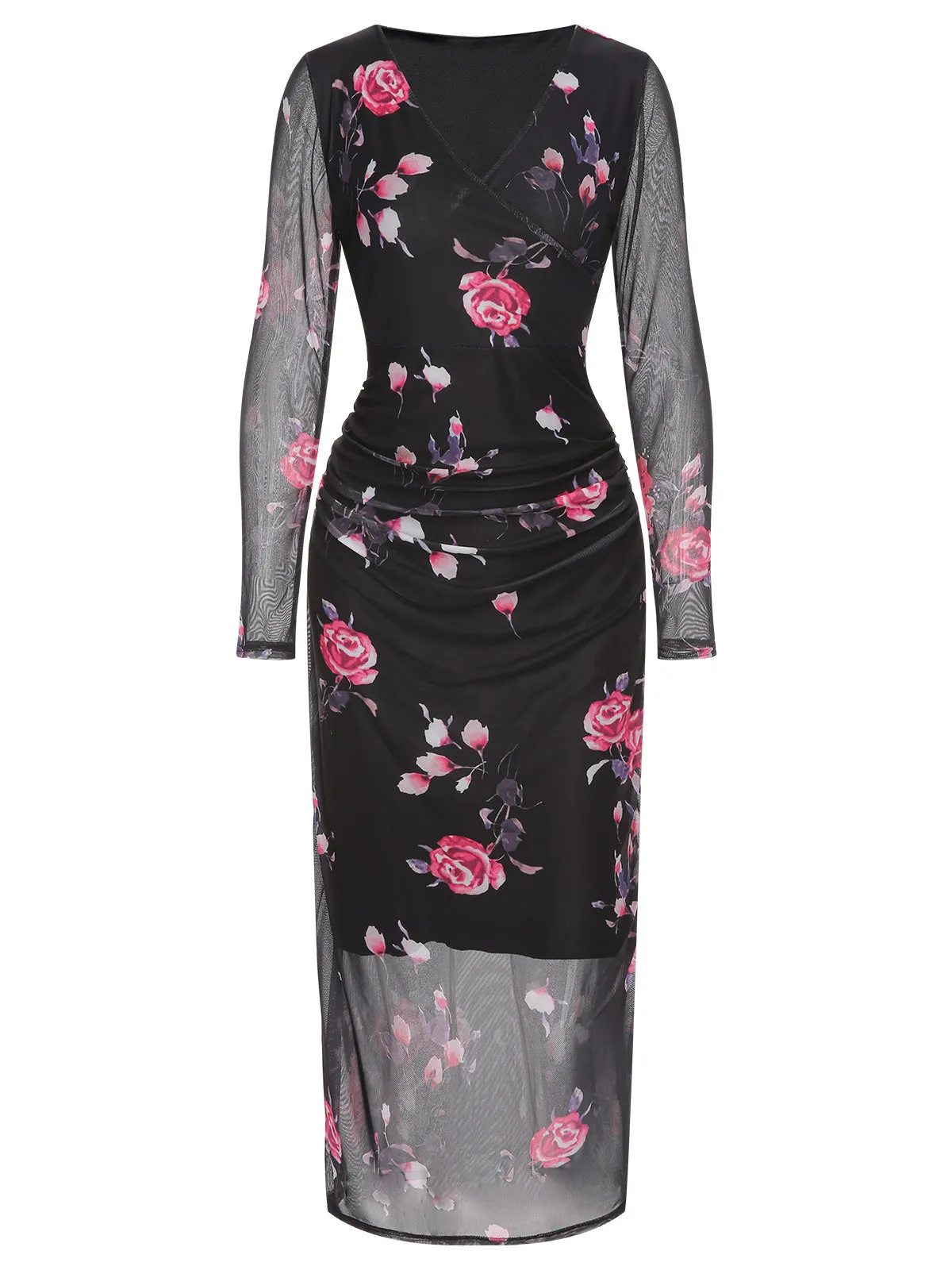 Black 1960s V-Neck Floral Mesh Dress