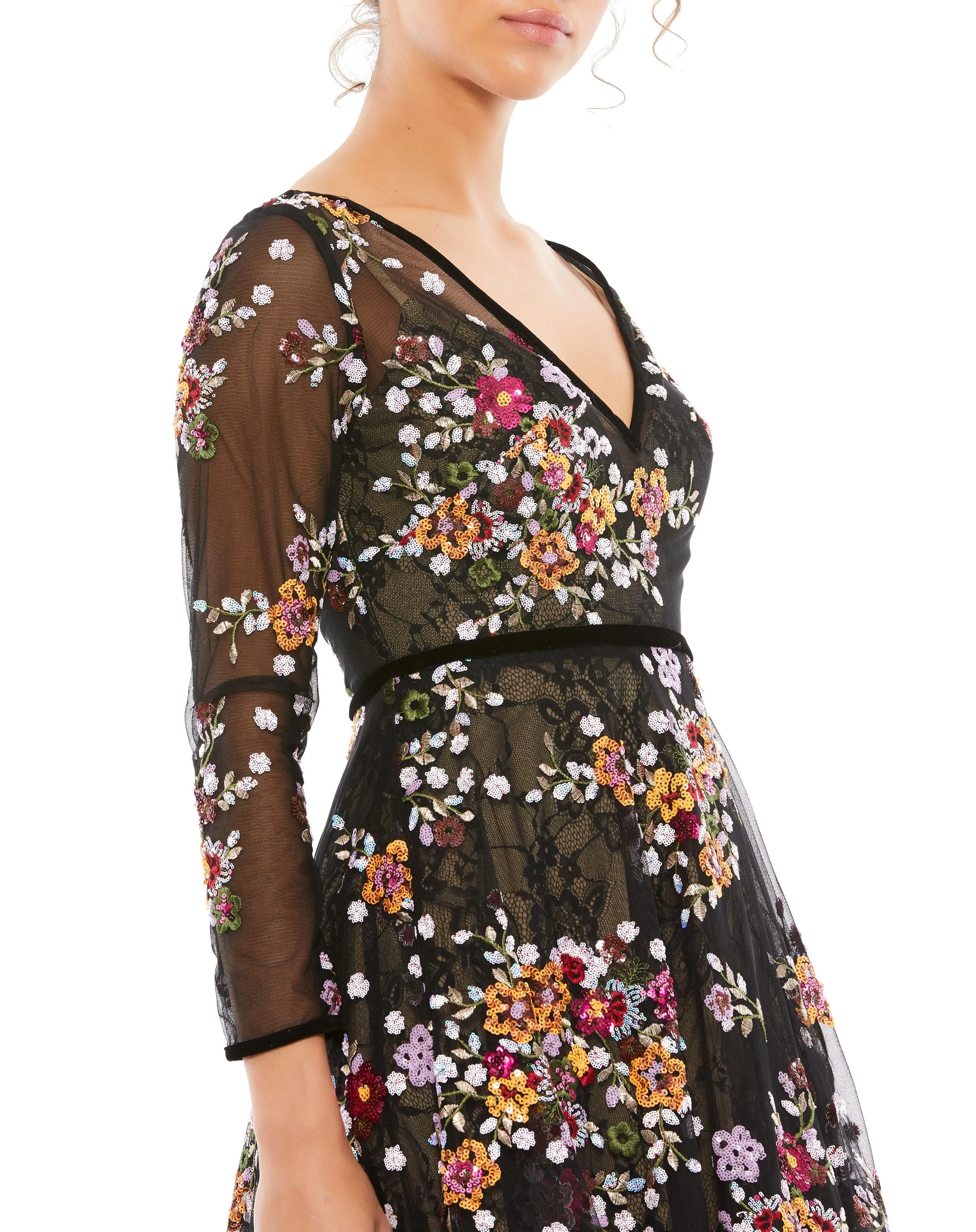 Black Floral Embroidered Tea Length Dress