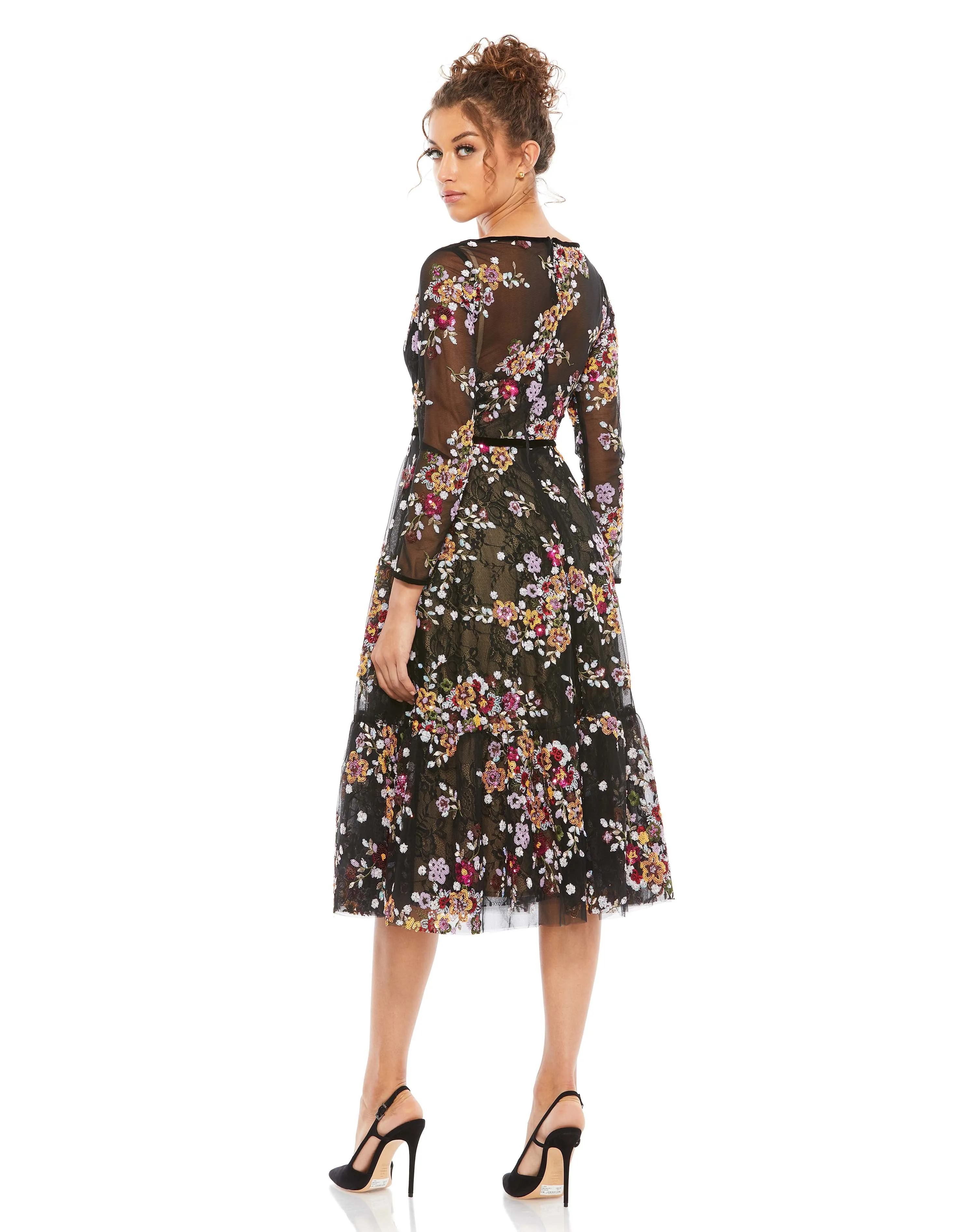 Black Floral Embroidered Tea Length Dress