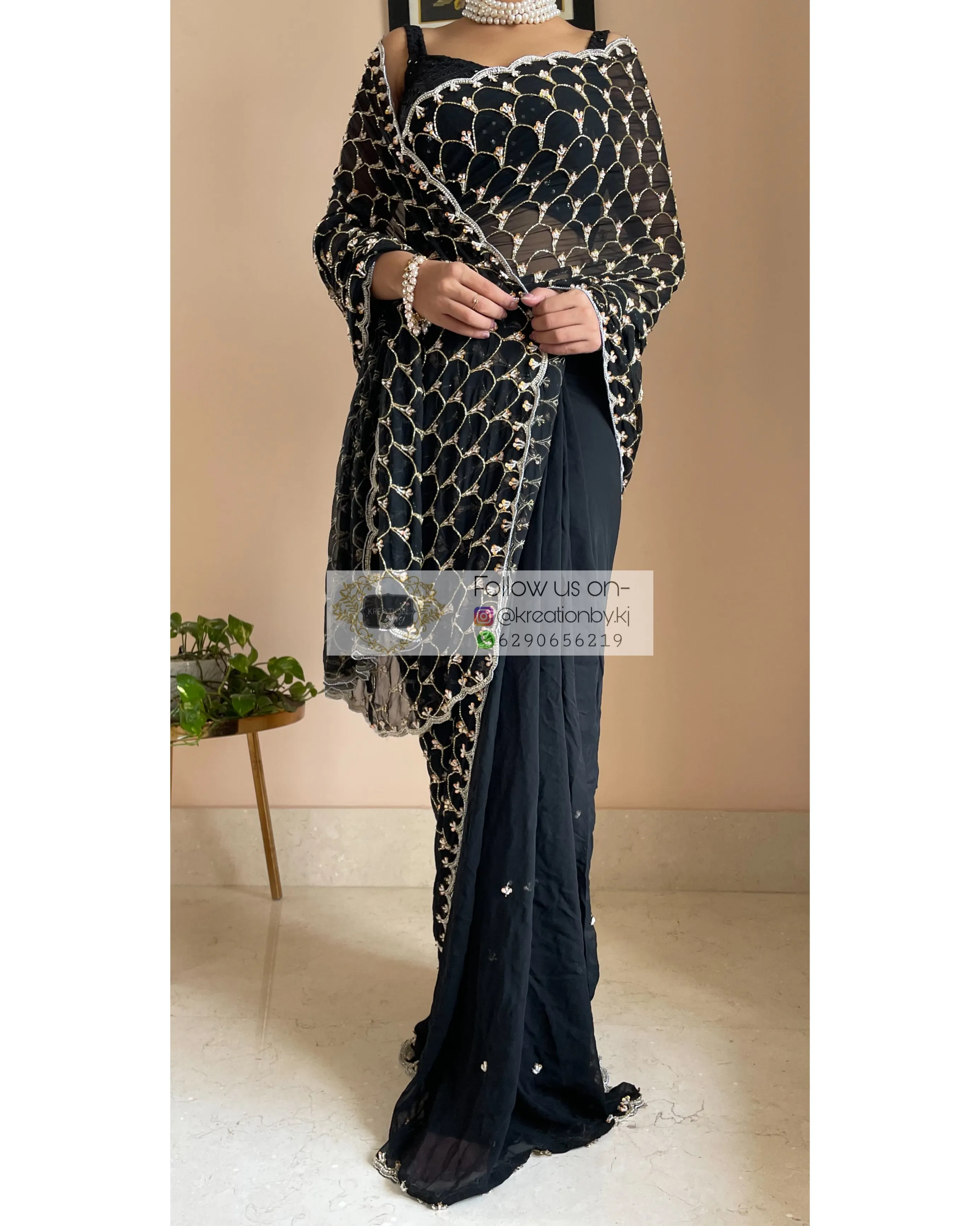 Black Georgette Cutdana Mehraab Jaal Saree