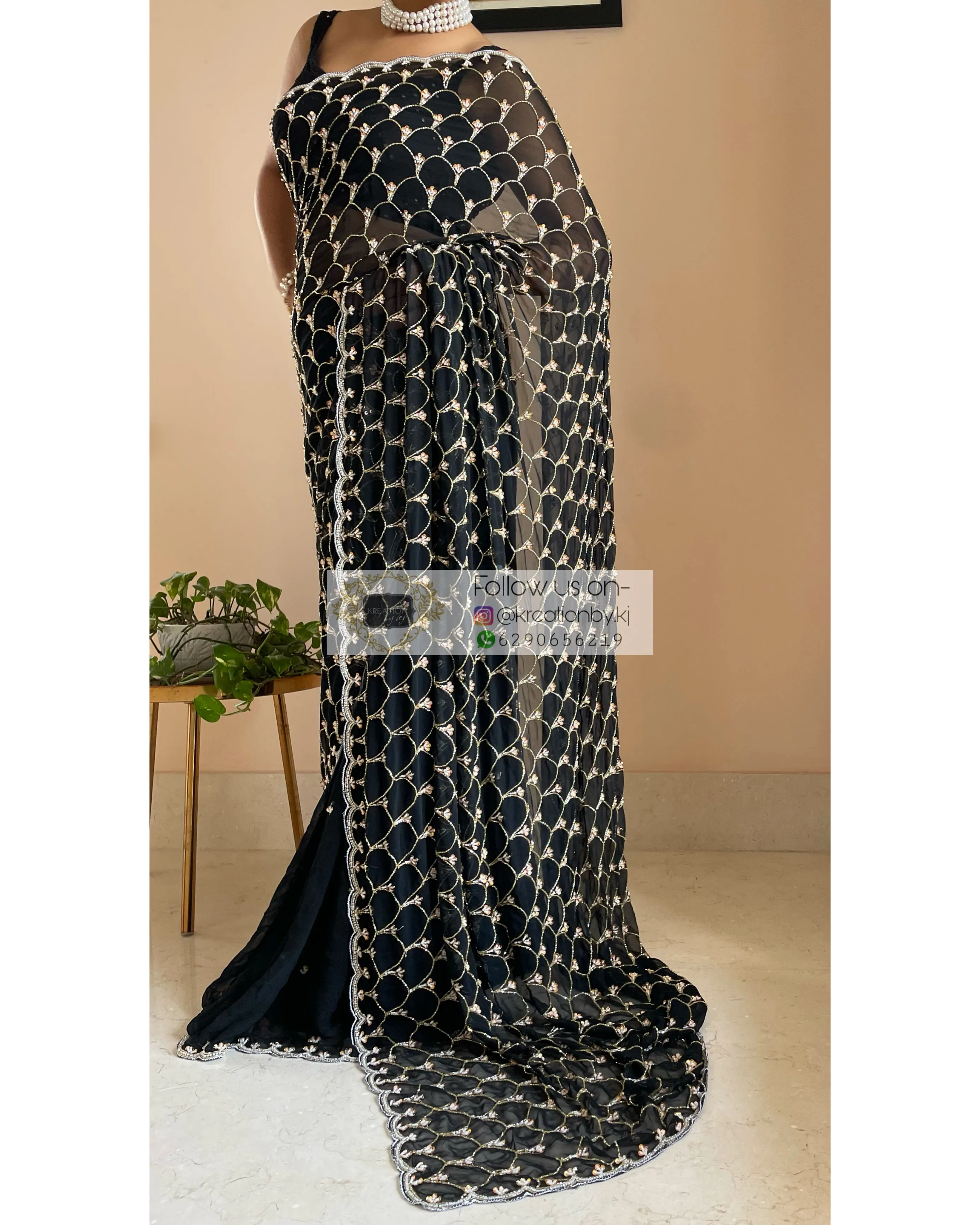 Black Georgette Cutdana Mehraab Jaal Saree