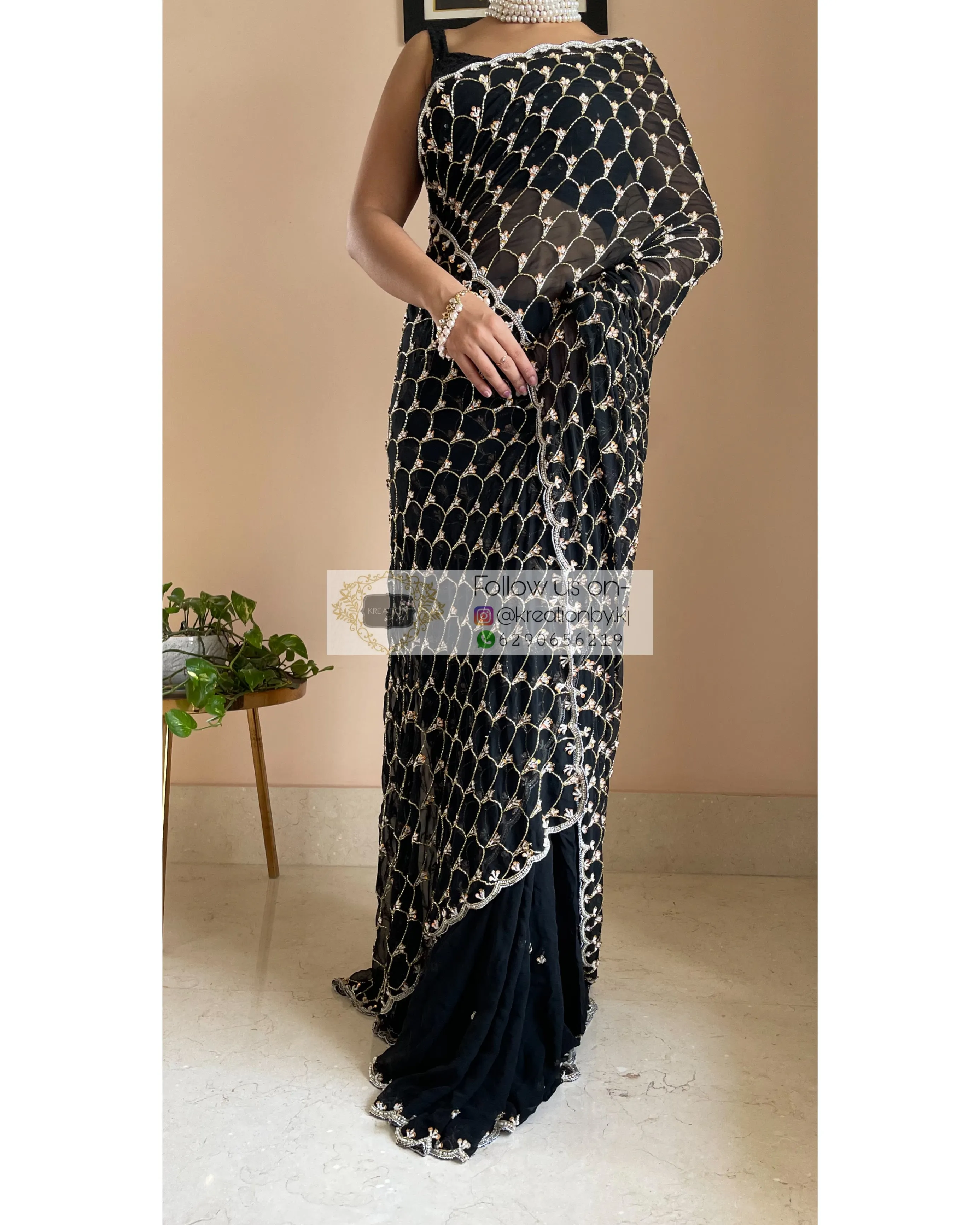 Black Georgette Cutdana Mehraab Jaal Saree