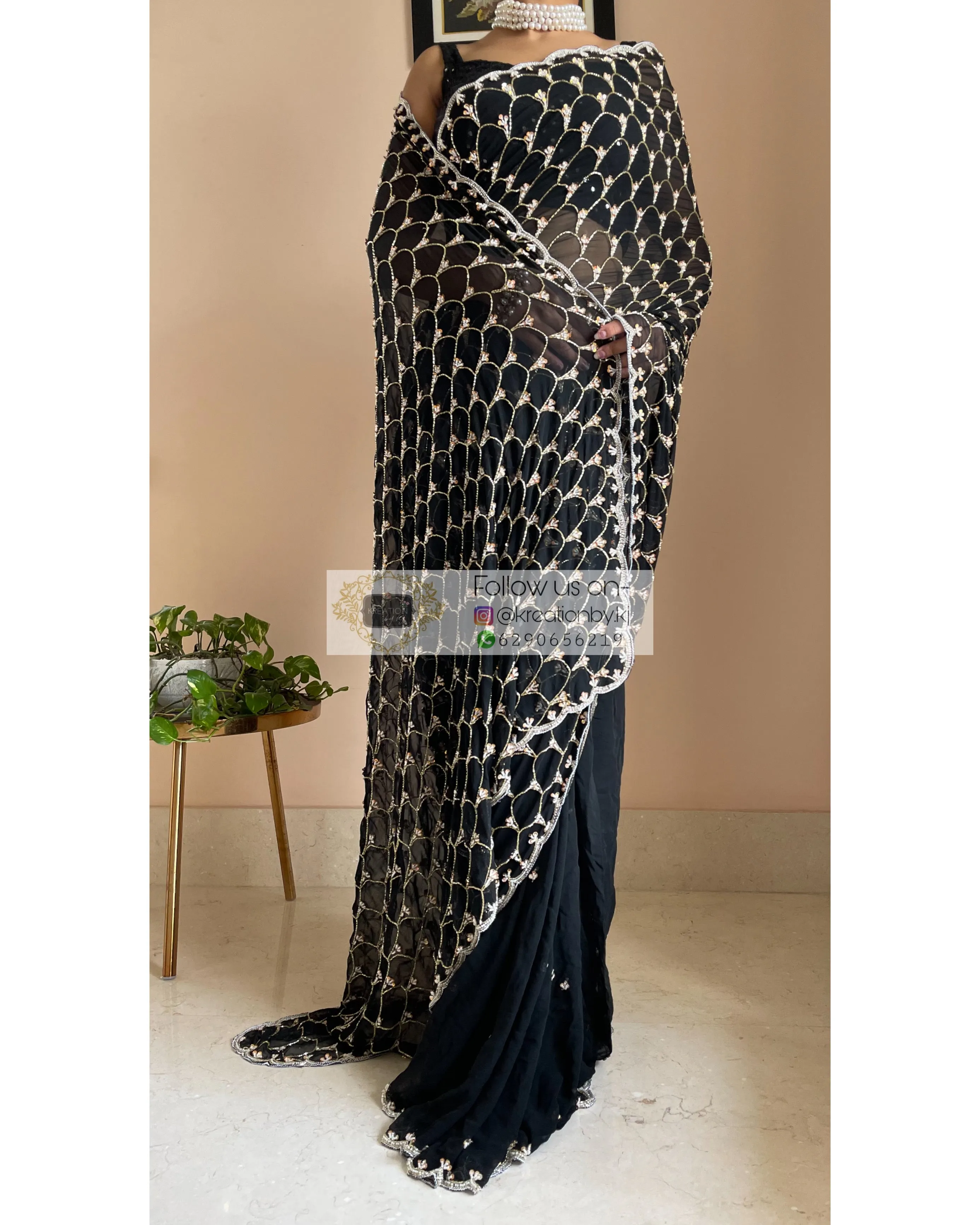 Black Georgette Cutdana Mehraab Jaal Saree