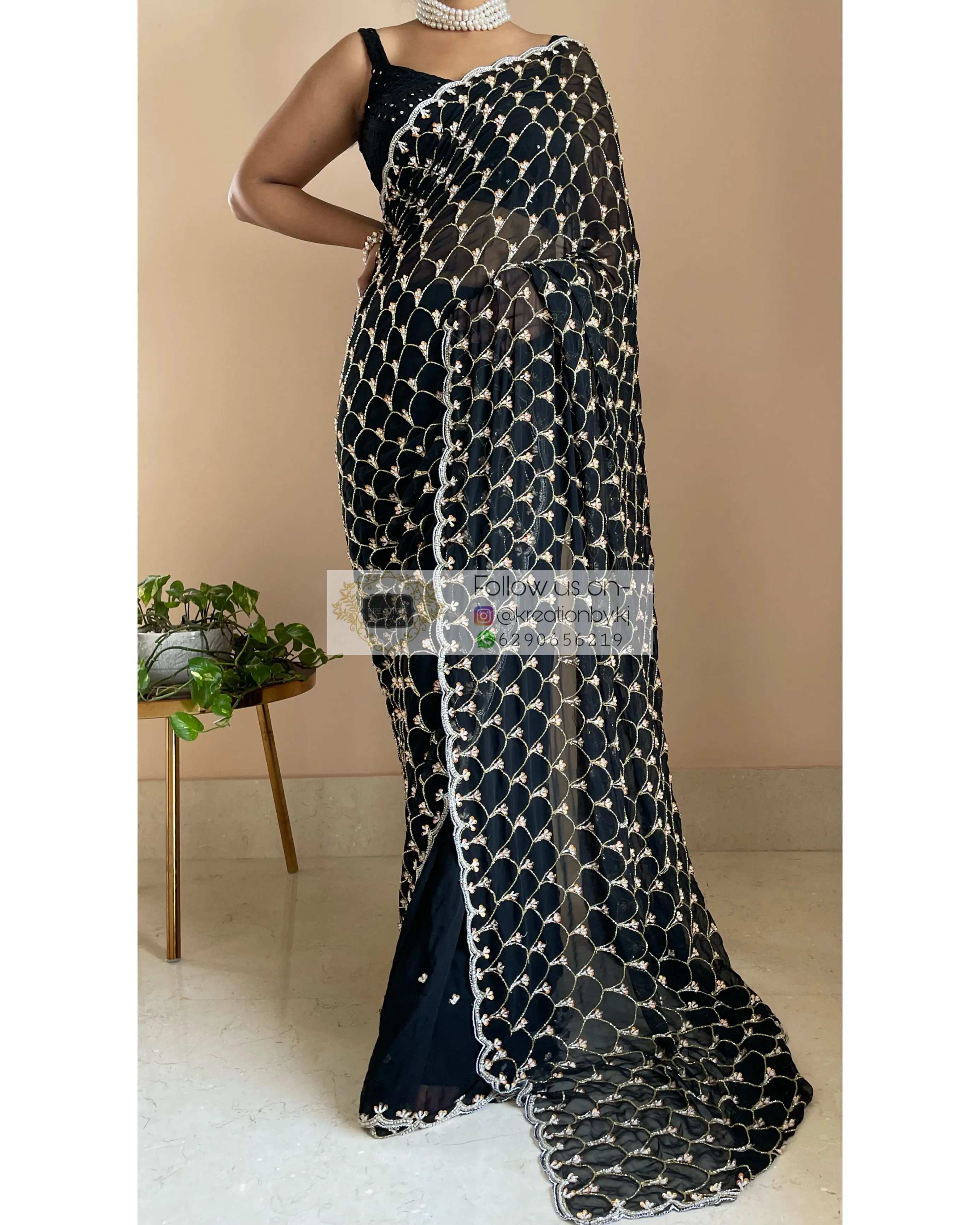 Black Georgette Cutdana Mehraab Jaal Saree