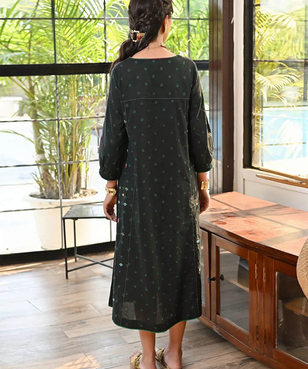 Black handembroidered bandhej cotton dress