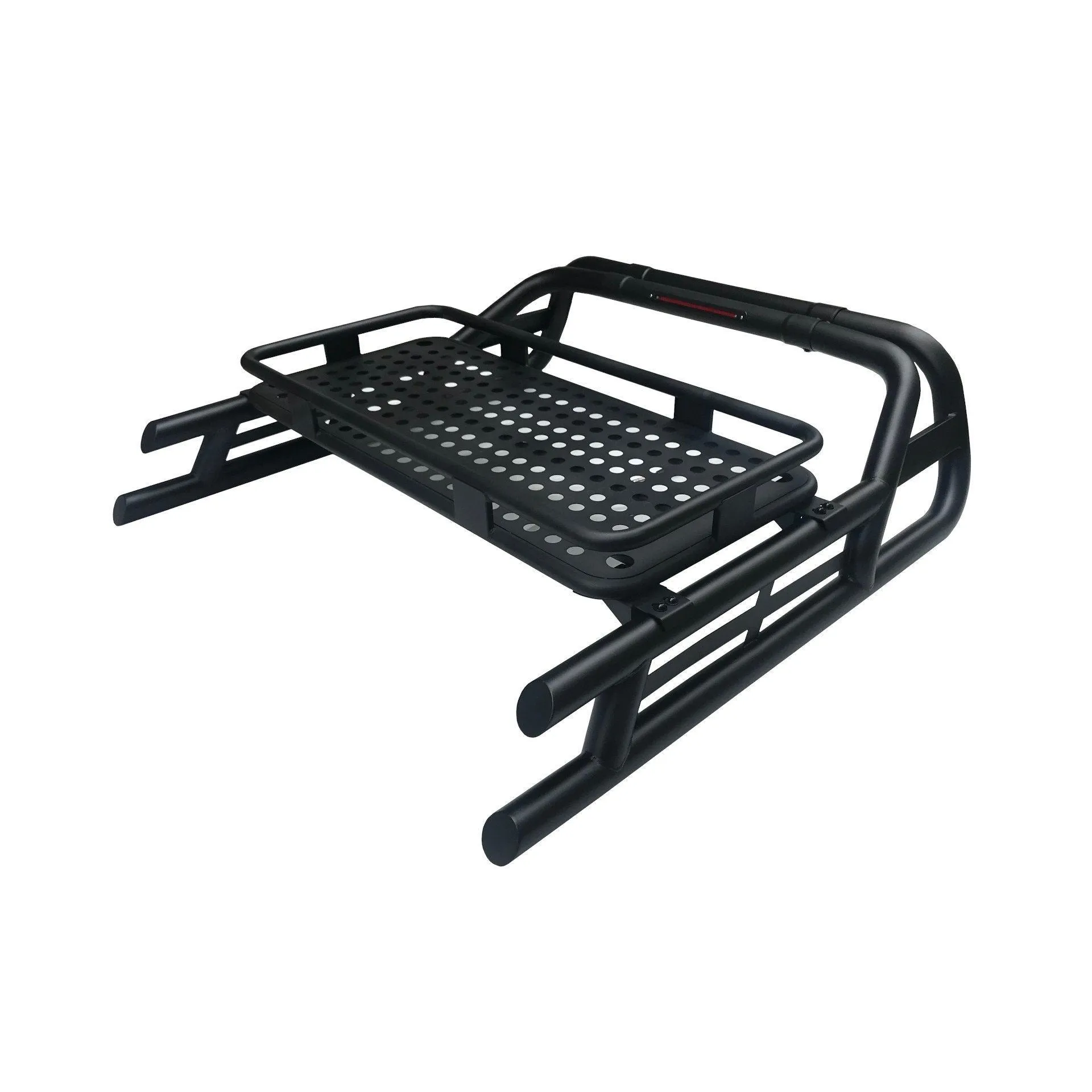 Black Long Arm Roll Sports Bar with Cargo Basket Rack for the Ford Ranger 2012 