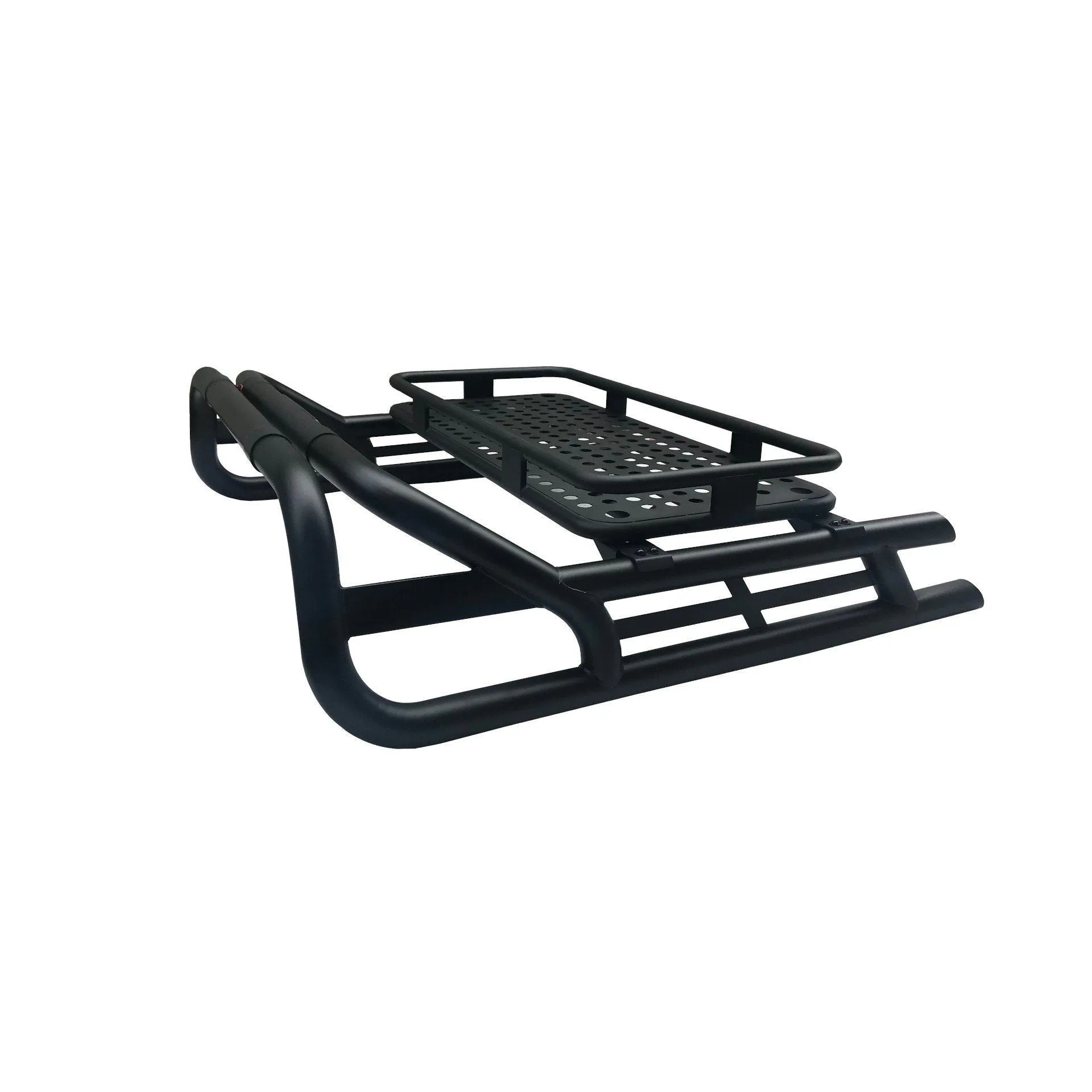 Black Long Arm Roll Sports Bar with Cargo Basket Rack for the Ford Ranger 2012 