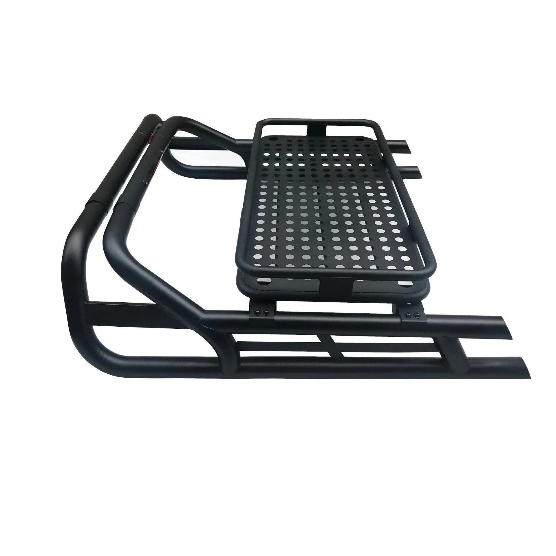 Black Long Arm Roll Sports Bar with Cargo Basket Rack for the Ford Ranger 2012 