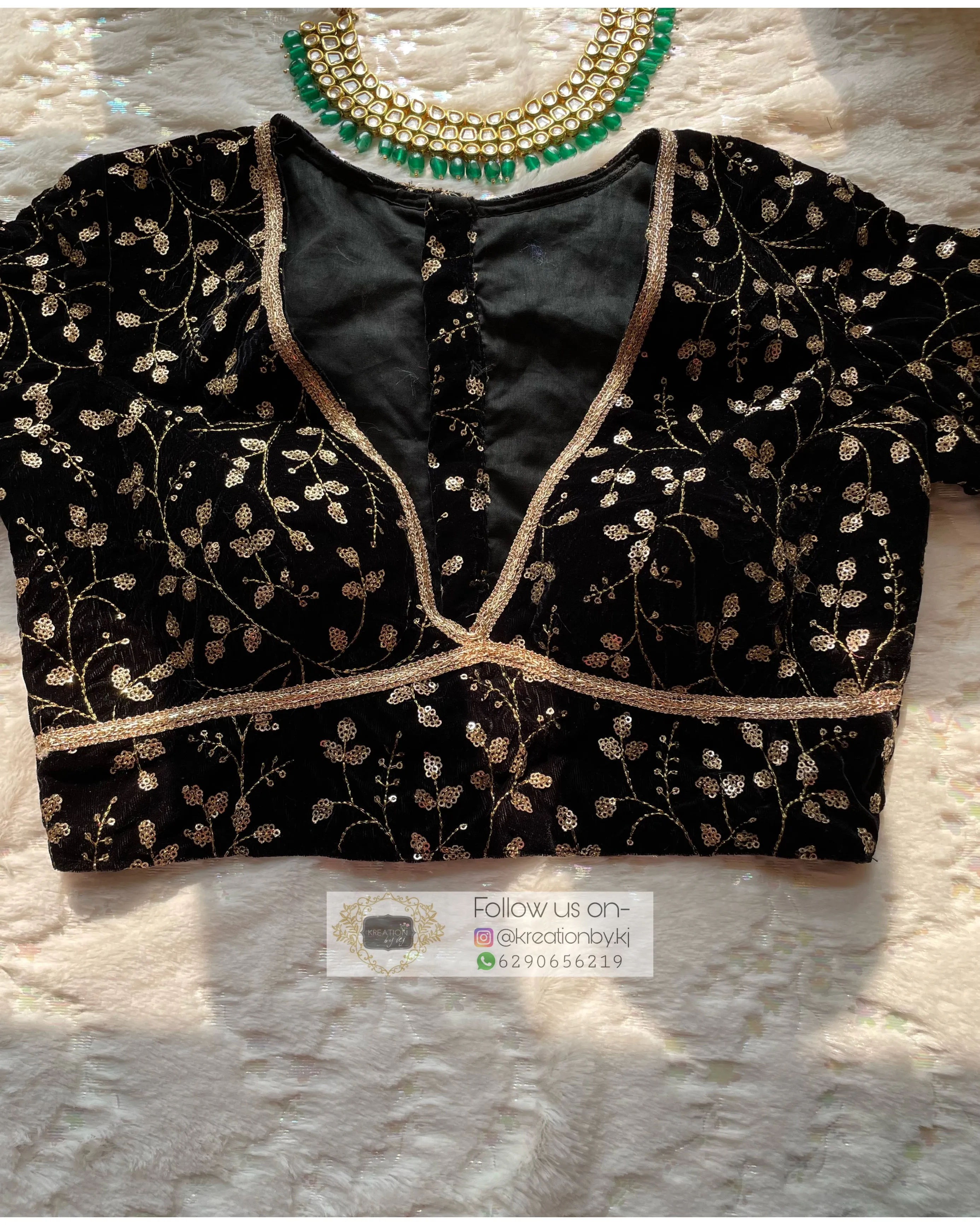 Black Plunging Neck Velvet Blouse