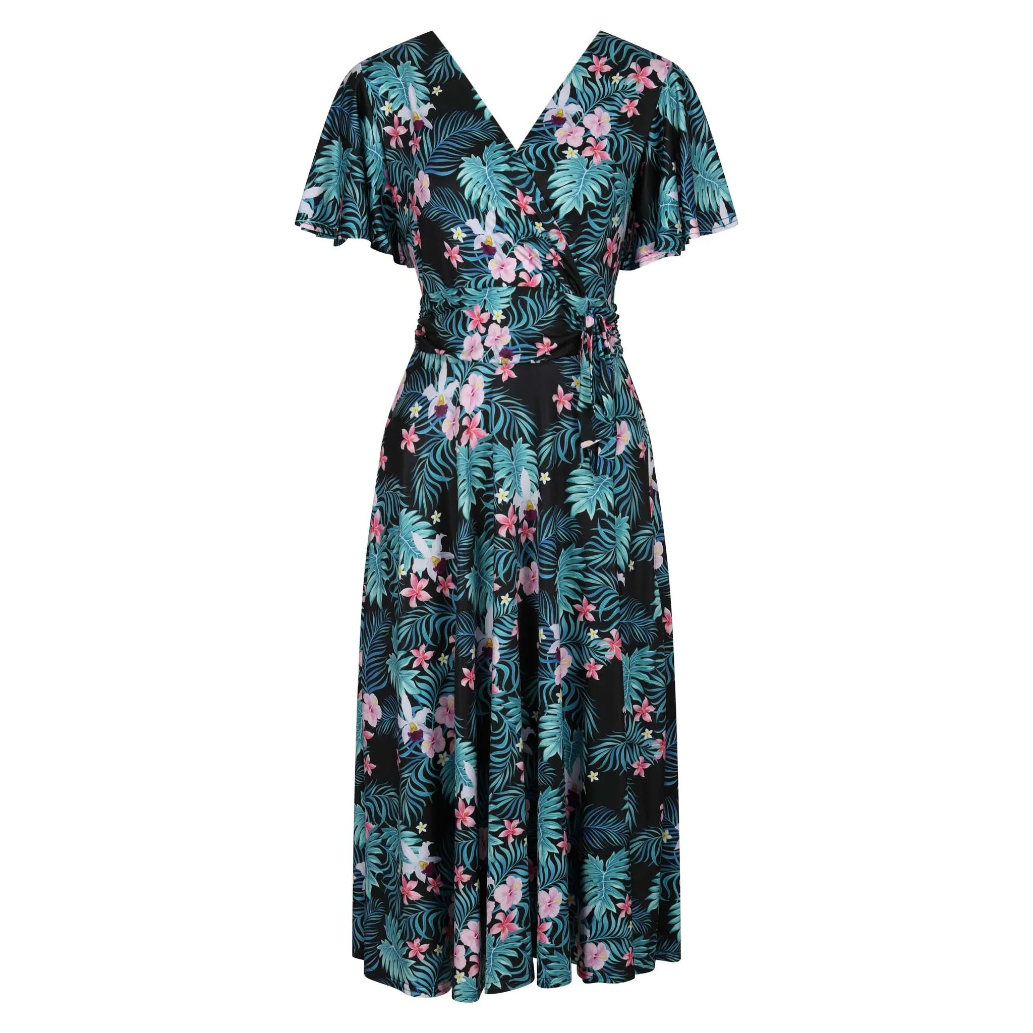 Black Tropical Floral Print Cap Sleeve V Neck Wrap Top Swing Dress