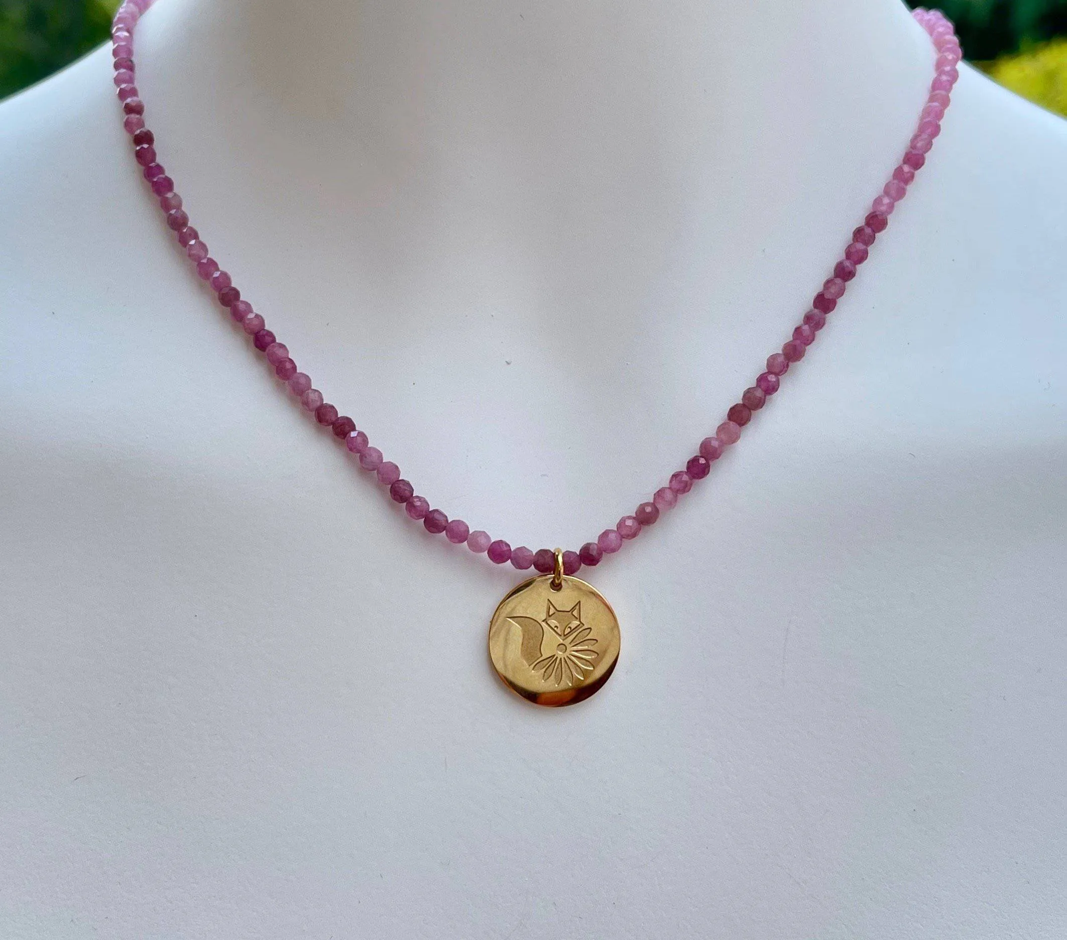 Blake Beaded Gemstone Necklace with Lucky Coin Fox Medallion