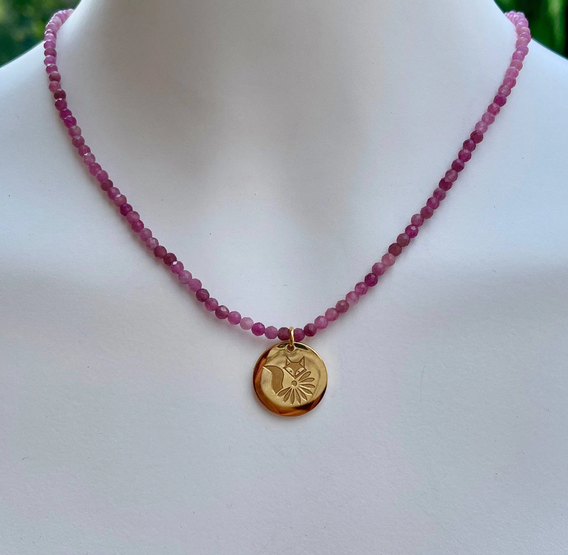 Blake Beaded Gemstone Necklace with Lucky Coin Fox Medallion