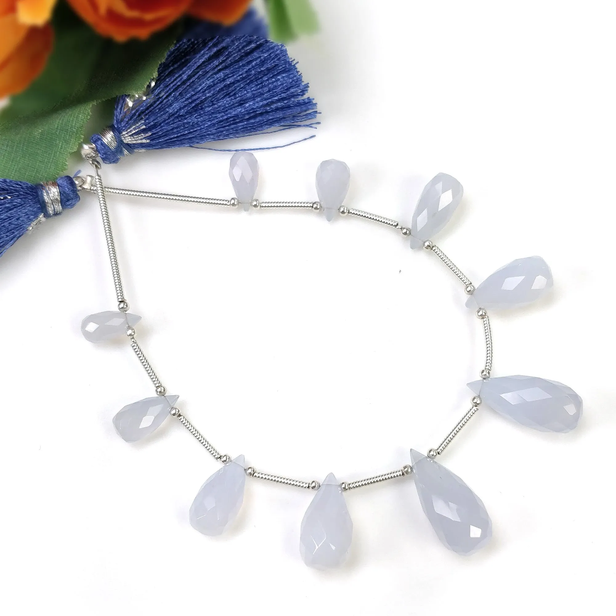 BLUE CHALCEDONY Gemstone Checker Cut Loose Beads : 40.00cts Natural Untreated  Faceted Tear Drops Beads 9.5mm - 18mm